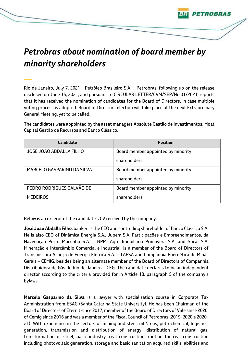 Petrobras About Nomination of Board Member by Minority Shareholders