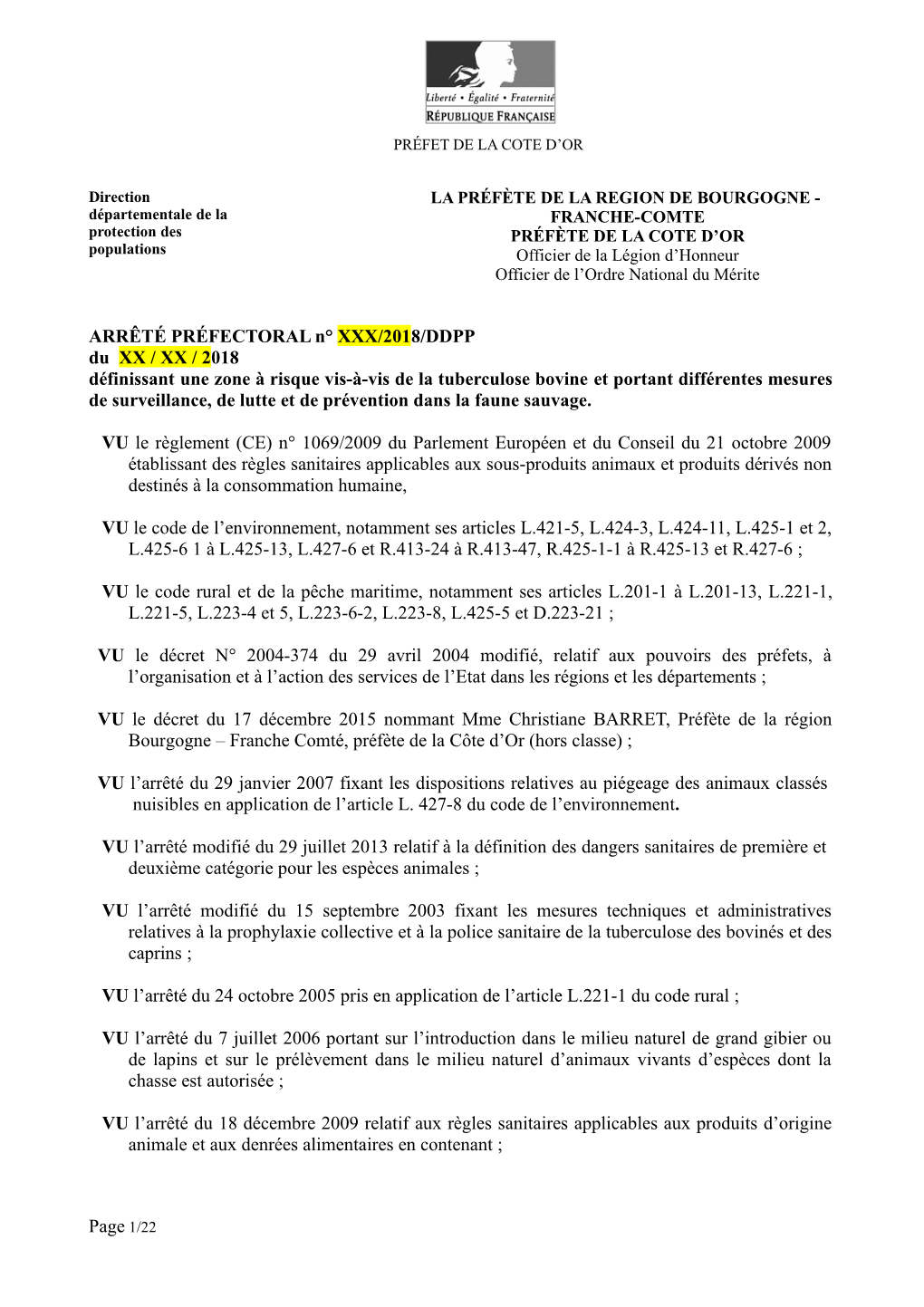 Projet D'arrêté Préfectoral Définissant Une Zone À Risque Vis-À-Vis De La