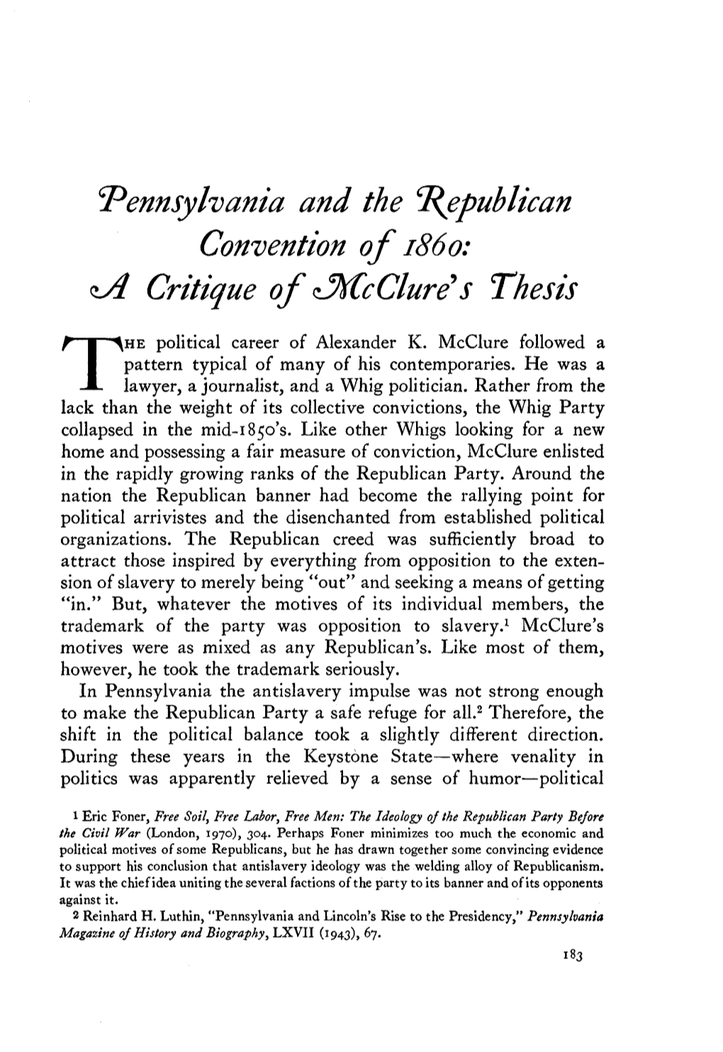 Pennsylvania and the Republican Convention of I860: &lt;LA Critique Of