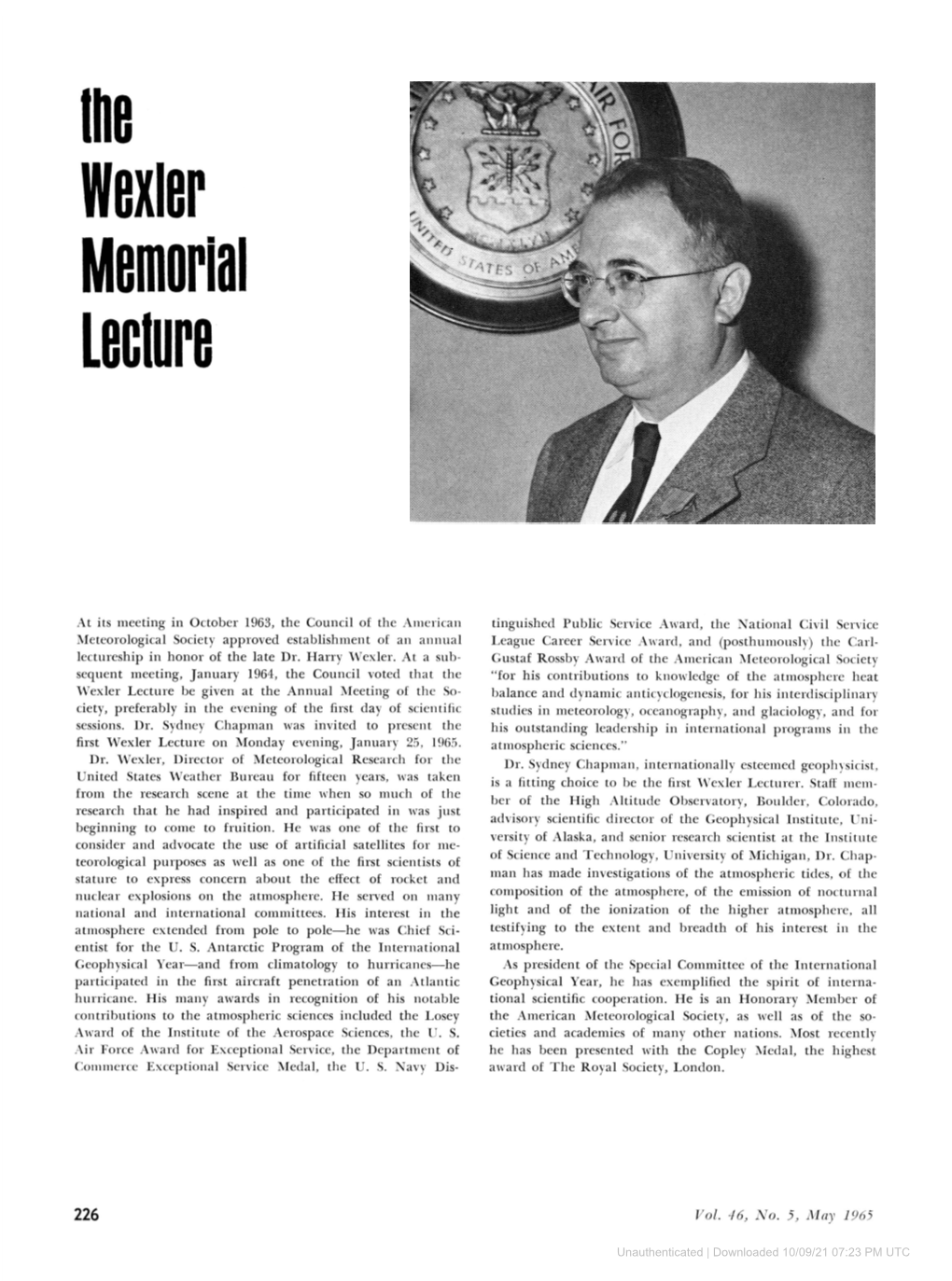 Downloaded 10/09/21 07:23 PM UTC Sydney Chapman 1 Harry Wexier, 1911-1962, First Wexier Memorial Lecturer Excellent and Devoted Student Ol Our Wonderful