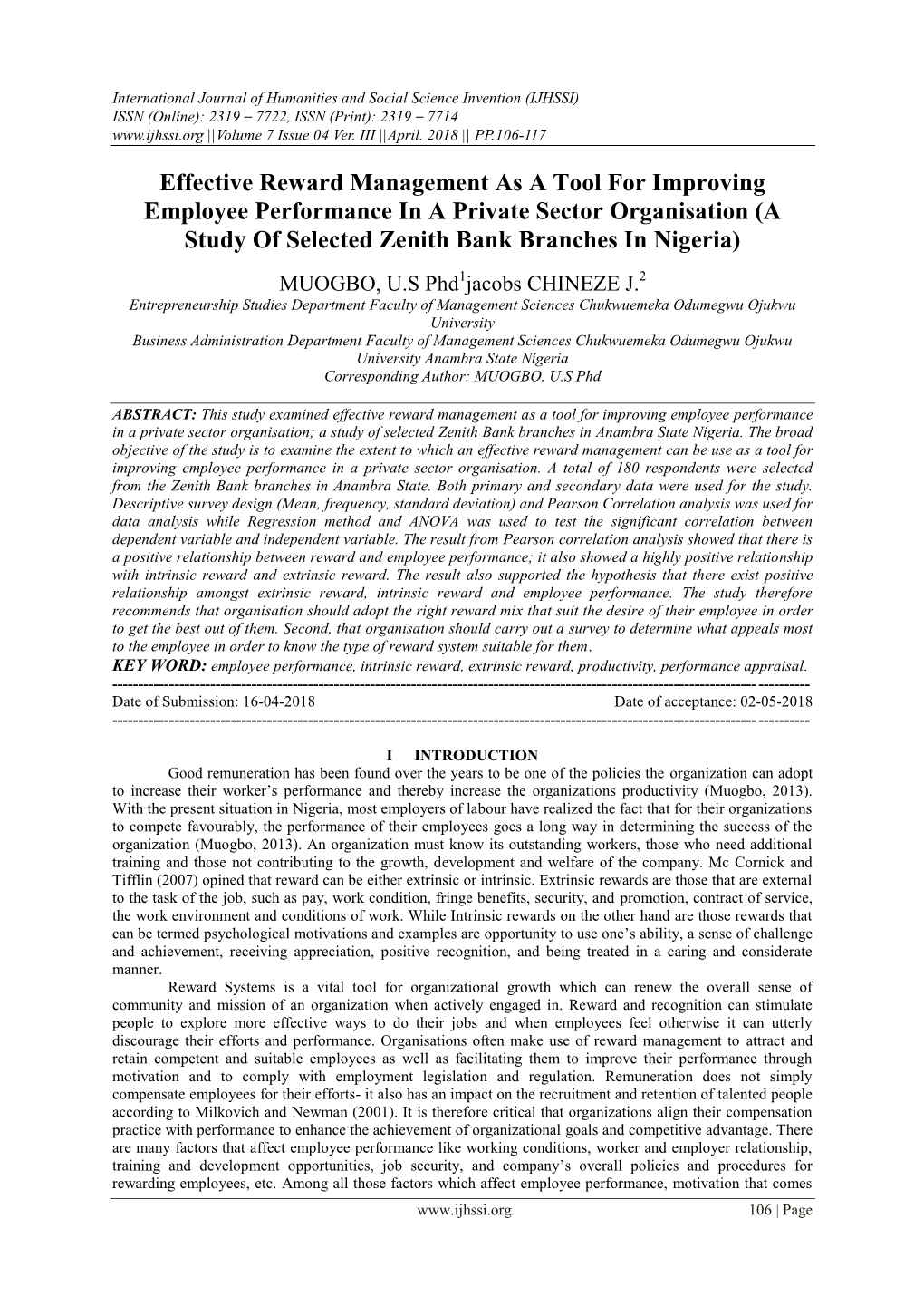 Effective Reward Management As a Tool for Improving Employee Performance in a Private Sector Organisation (A Study of Selected Zenith Bank Branches in Nigeria)