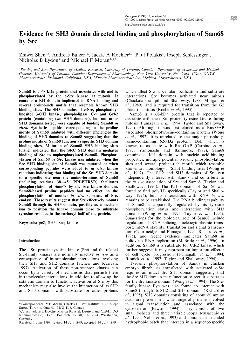 Evidence for SH3 Domain Directed Binding and Phosphorylation of Sam68 by Src