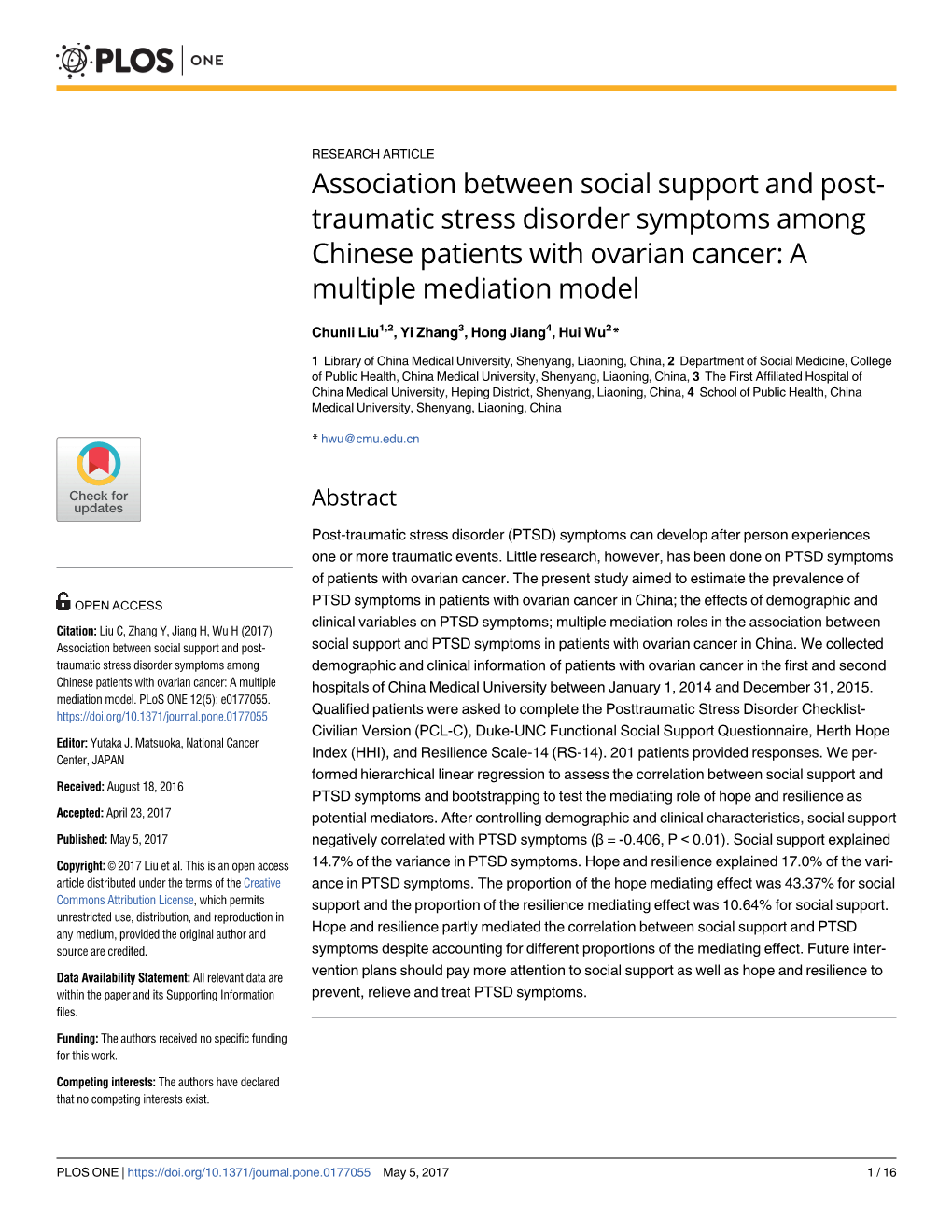 Association Between Social Support and Post-Traumatic Stress Disorder