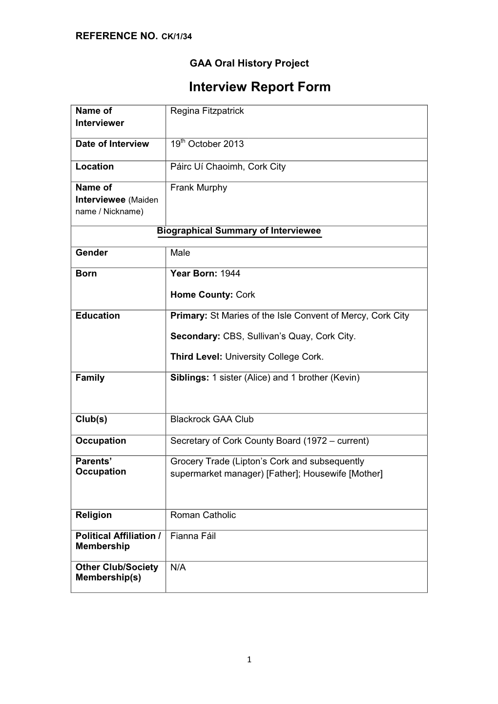 GAA Oral History Project Interview Report Form