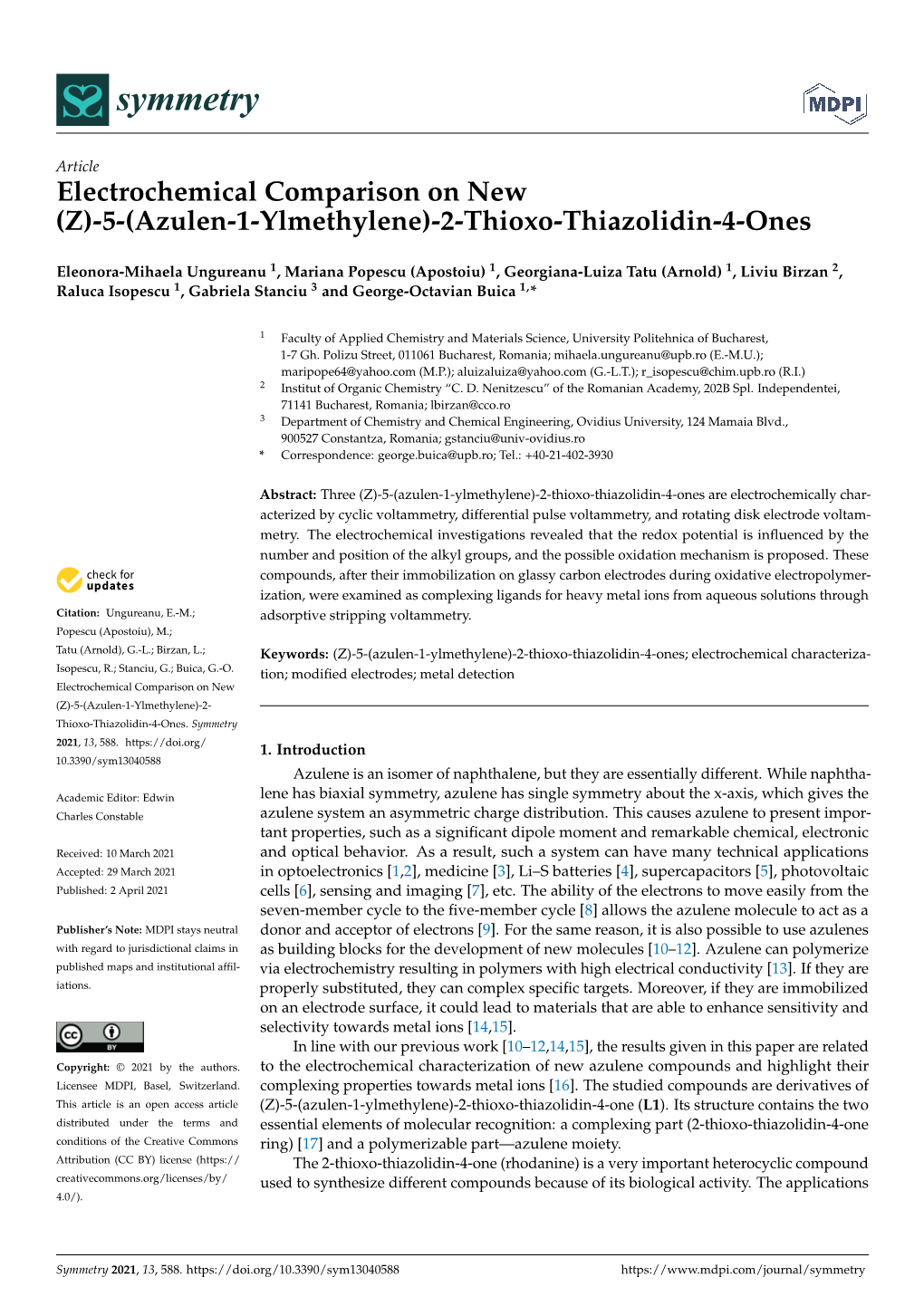 Electrochemical Comparison on New (Z)-5-(Azulen-1-Ylmethylene)-2-Thioxo-Thiazolidin-4-Ones