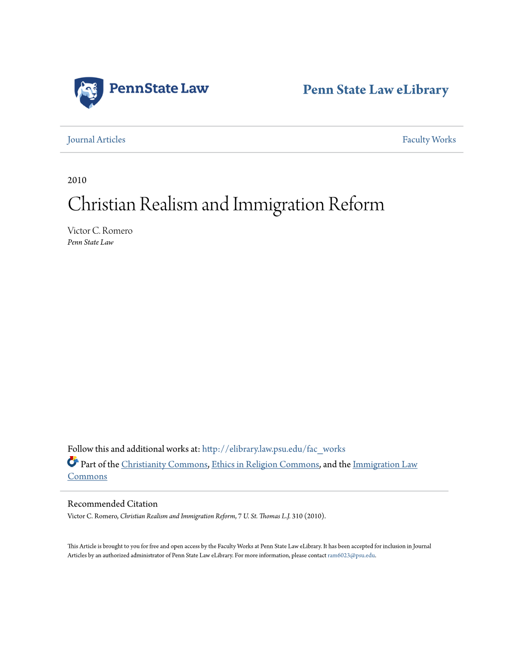 Christian Realism and Immigration Reform Victor C