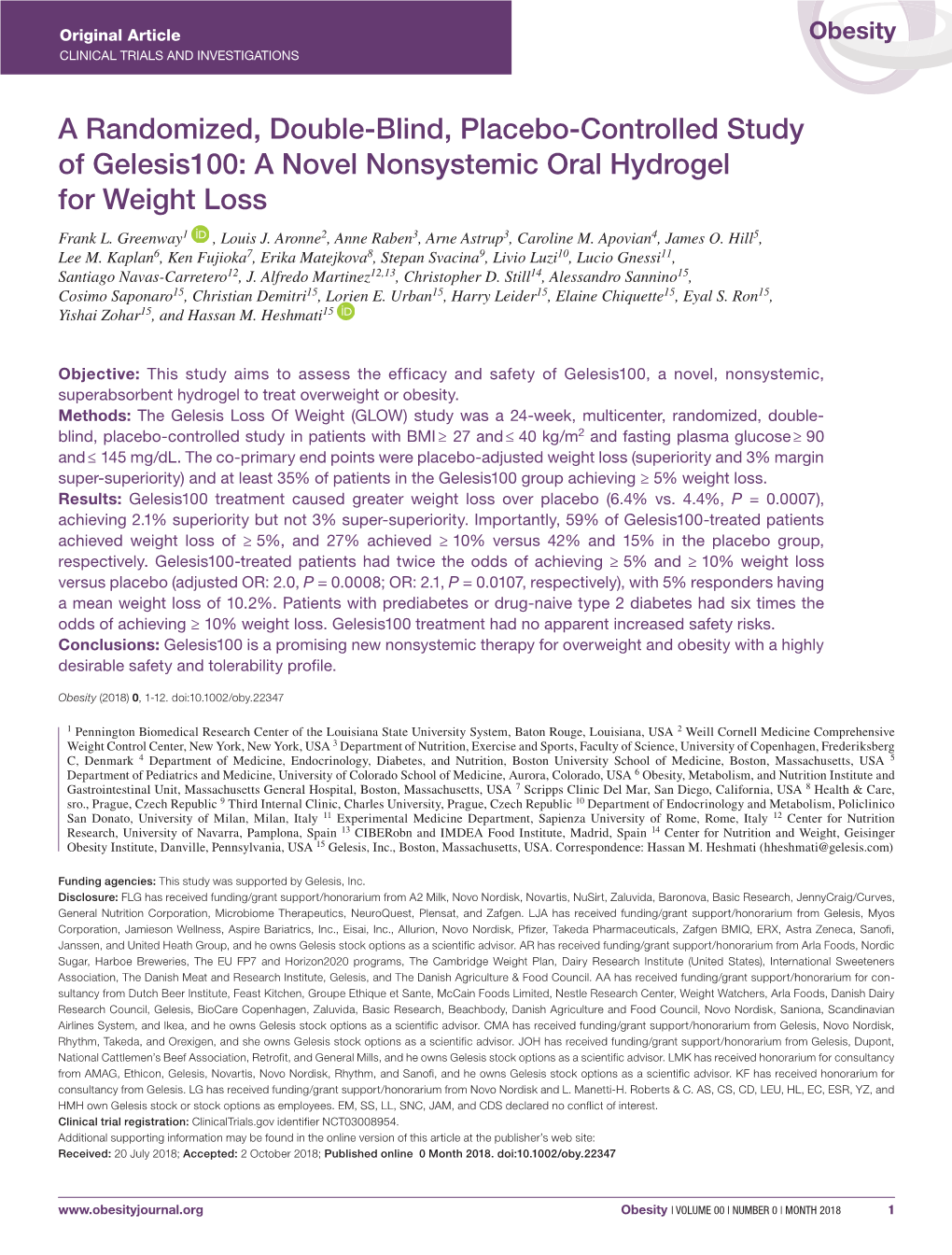 A Novel Nonsystemic Oral Hydrogel for Weight Loss Frank L