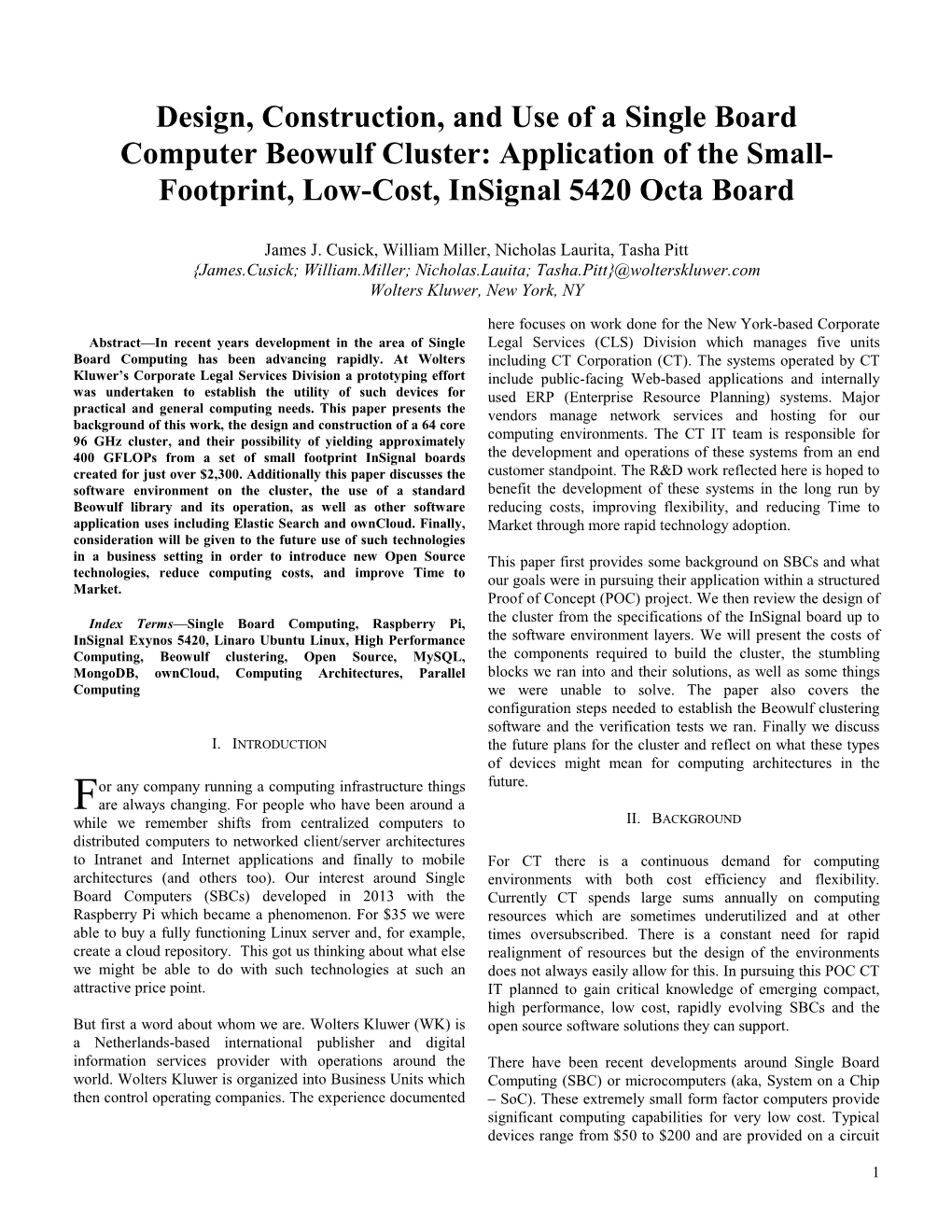 Design, Construction, and Use of a Single Board Computer Beowulf Cluster: Application of the Small- Footprint, Low-Cost, Insignal 5420 Octa Board