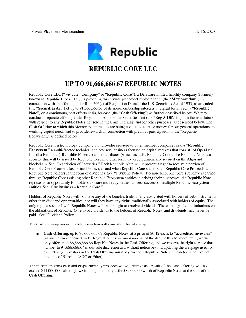 Republic Core Llc up to 91,666,666.67 Republic Notes