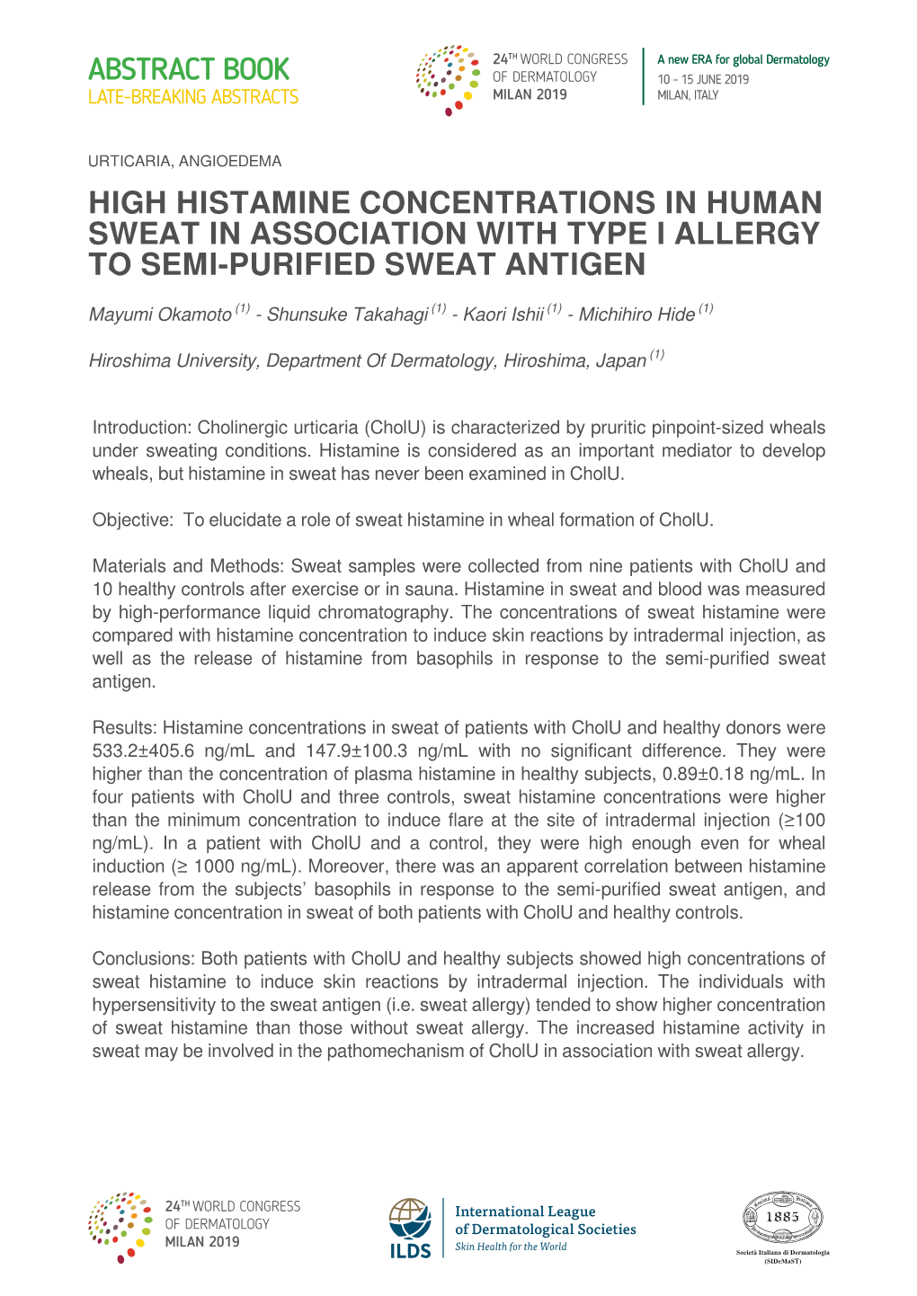 High Histamine Concentrations in Human Sweat in Association with Type I Allergy to Semi-Purified Sweat Antigen