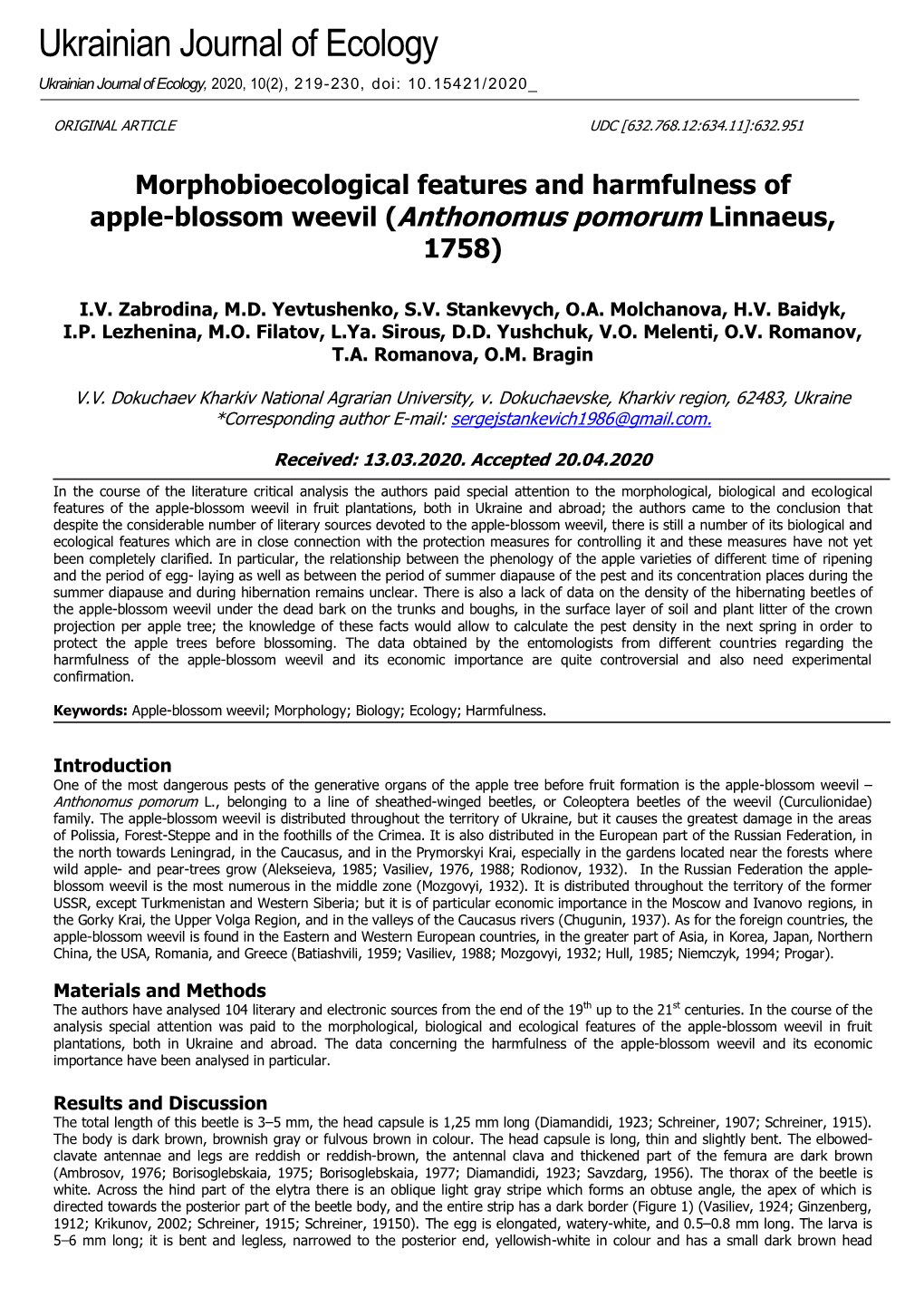 Morphobioecological Features and Harmfulness of Apple-Blossom Weevil (Anthonomus Pomorum Linnaeus, 1758)