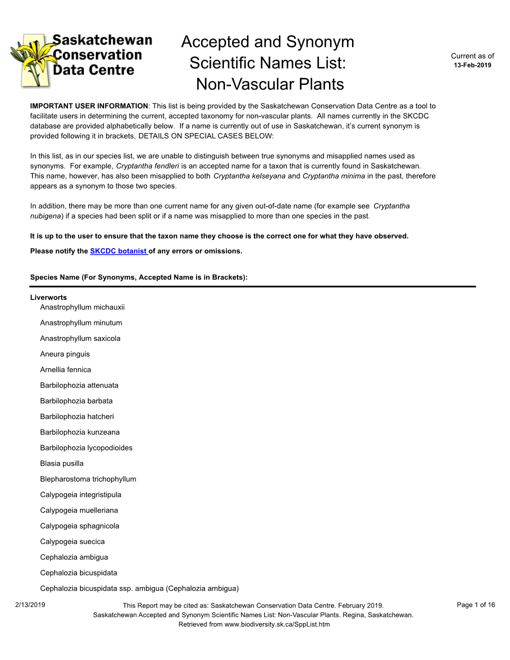 Saskatchewan Element List