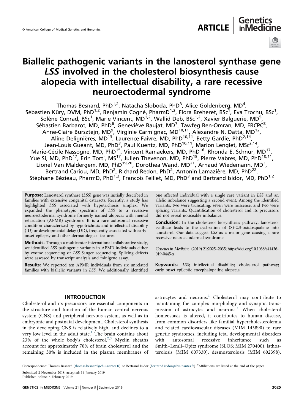 Biallelic Pathogenic Variants in the Lanosterol Synthase Gene LSS