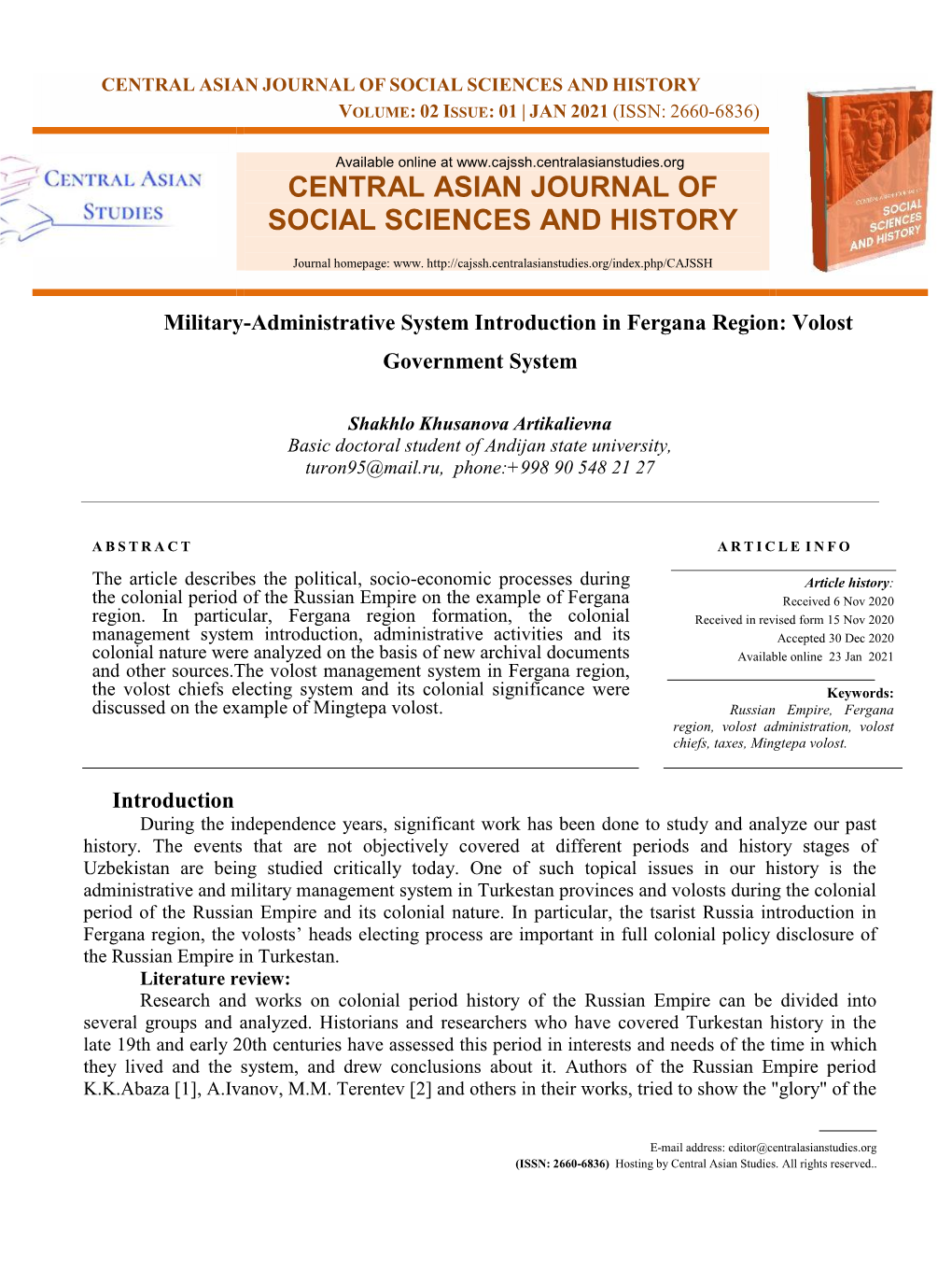 Central Asian Journal of Social Sciences and History