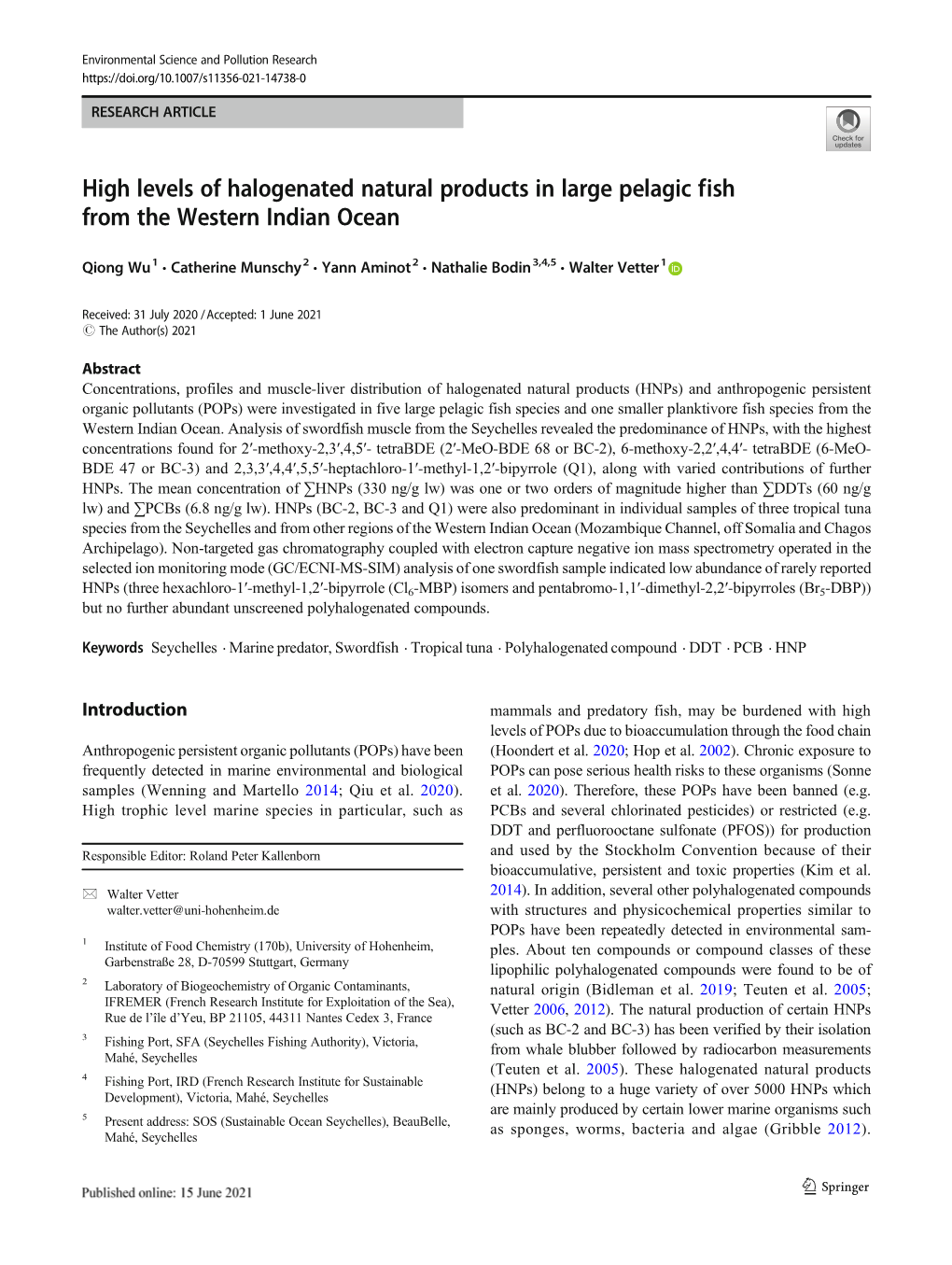 High Levels of Halogenated Natural Products in Large Pelagic Fish from the Western Indian Ocean