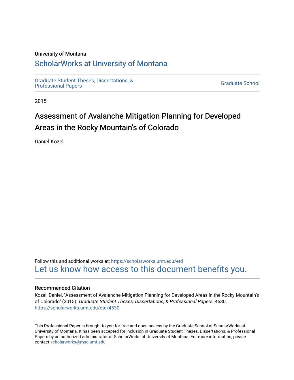 Assessment of Avalanche Mitigation Planning for Developed Areas in the Rocky Mountain’S of Colorado