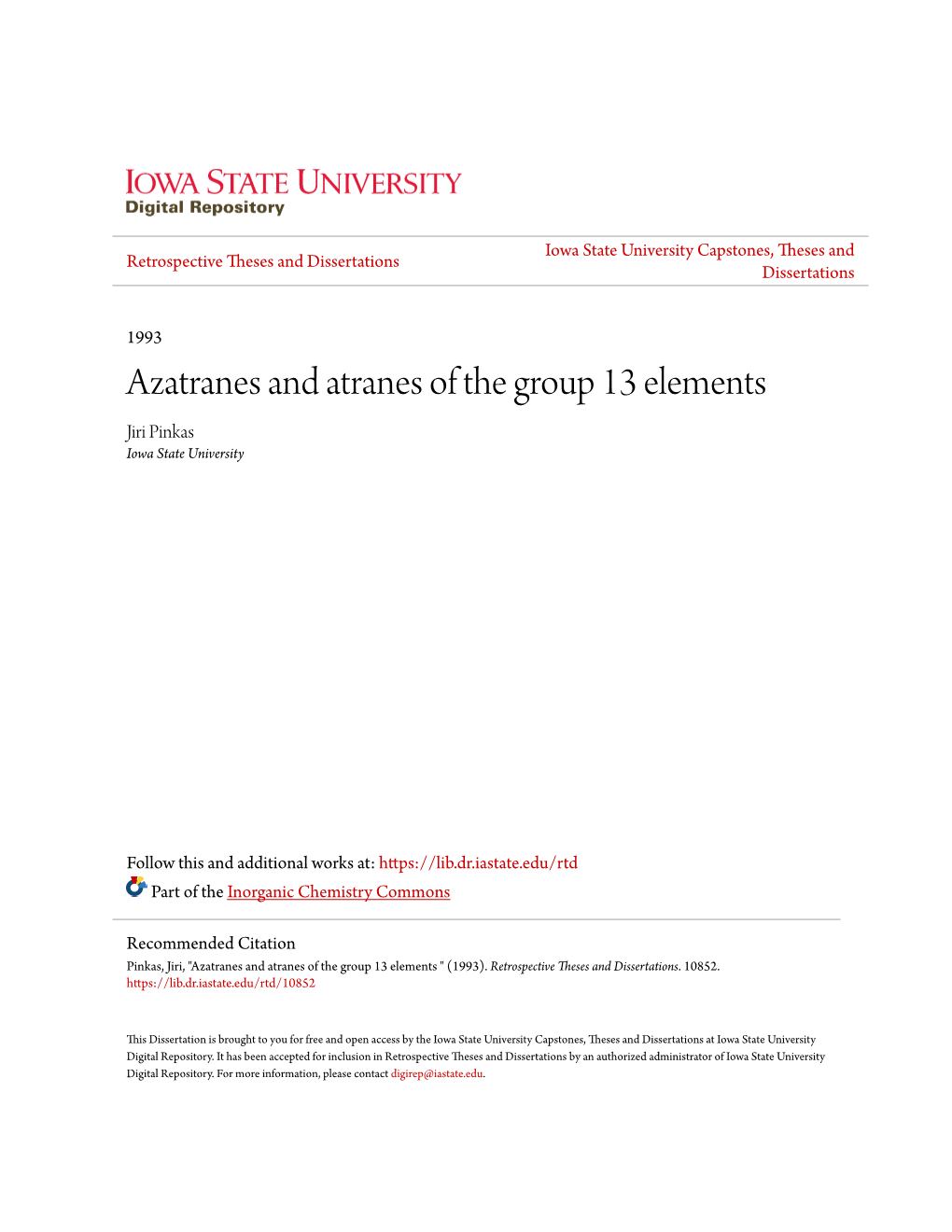 Azatranes and Atranes of the Group 13 Elements Jiri Pinkas Iowa State University