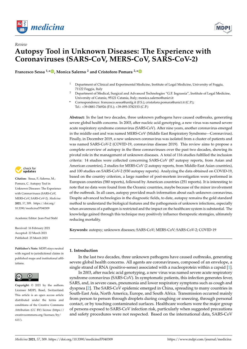 Autopsy Tool in Unknown Diseases: the Experience with Coronaviruses (SARS-Cov, MERS-Cov, SARS-Cov-2)