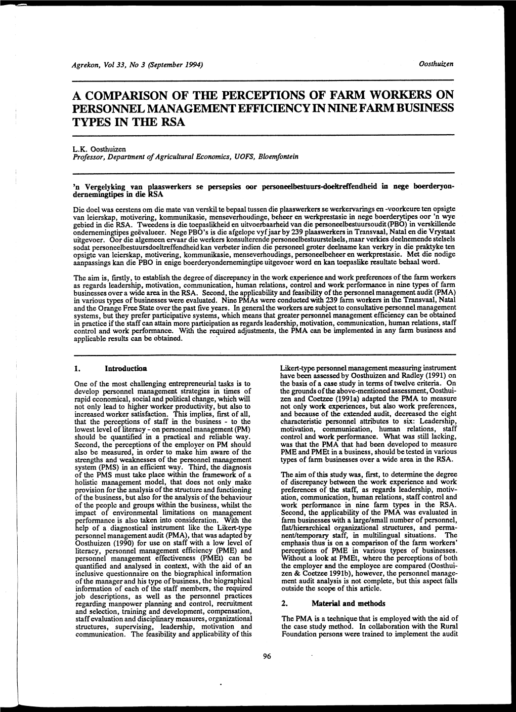 A Comparison of the Perceptions of Farm Workers on Personnel Management Efficiency in Nine Farm Business Types in the Rsa