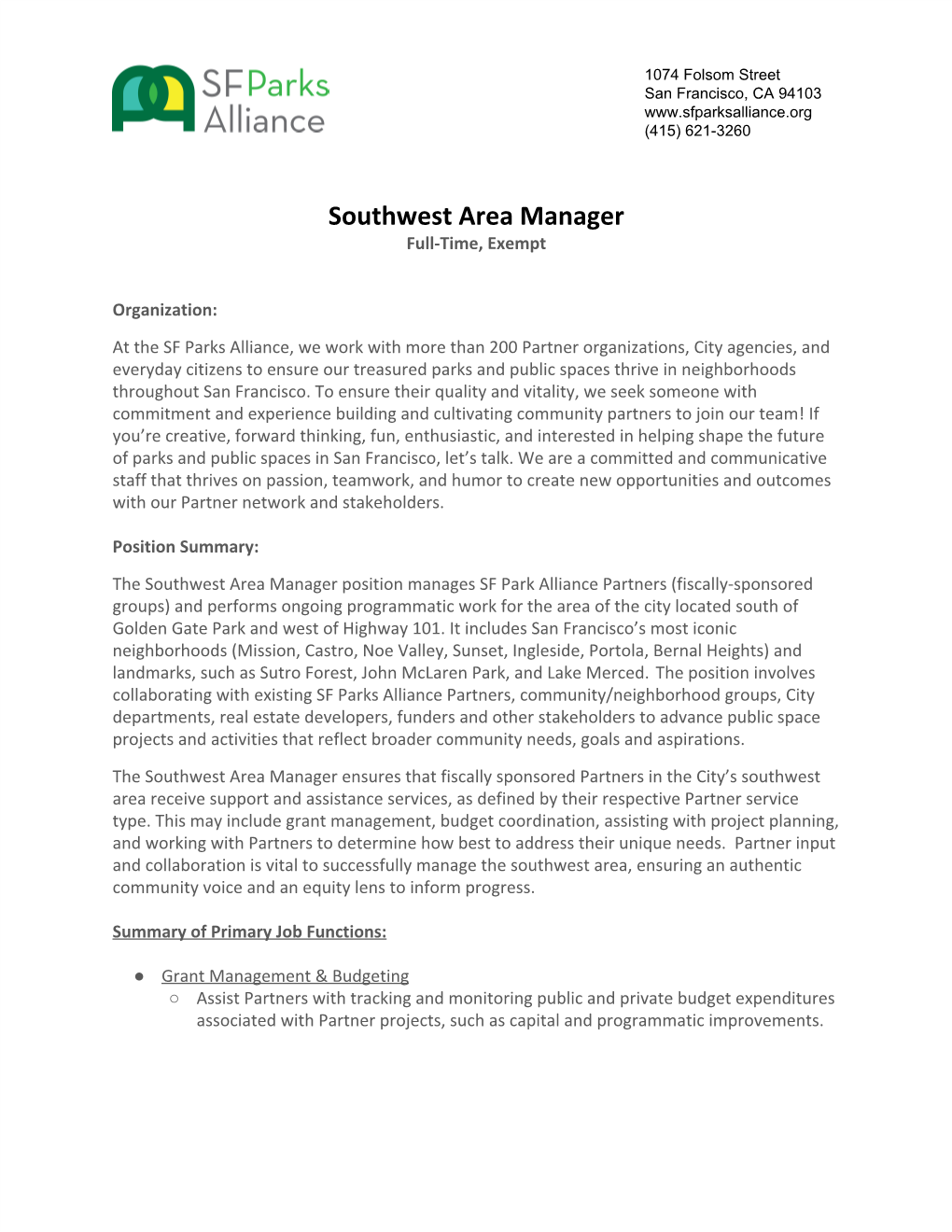 Southwest Area Manager Full-Time, Exempt
