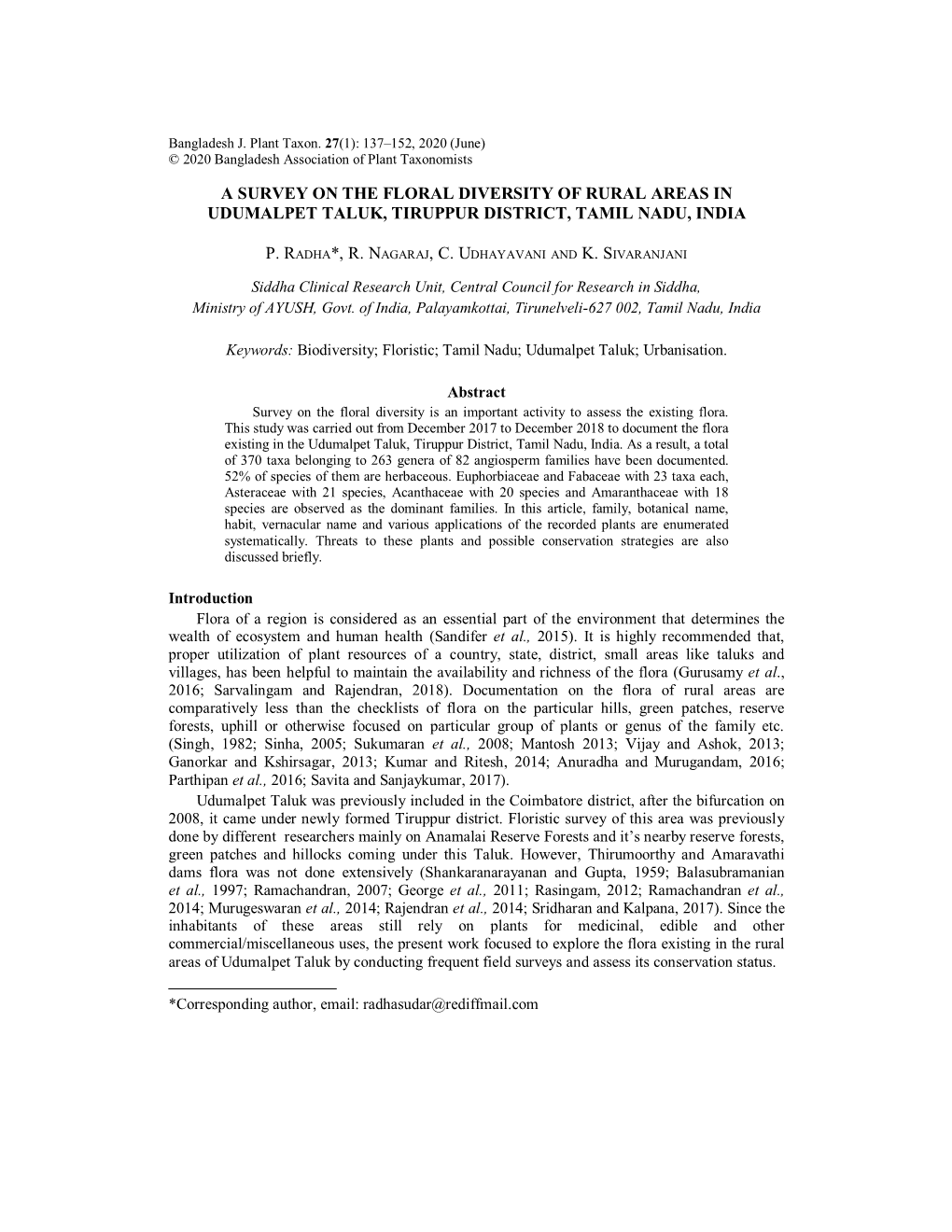 A Survey on the Floral Diversity of Rural Areas in Udumalpet Taluk, Tiruppur District, Tamil Nadu, India