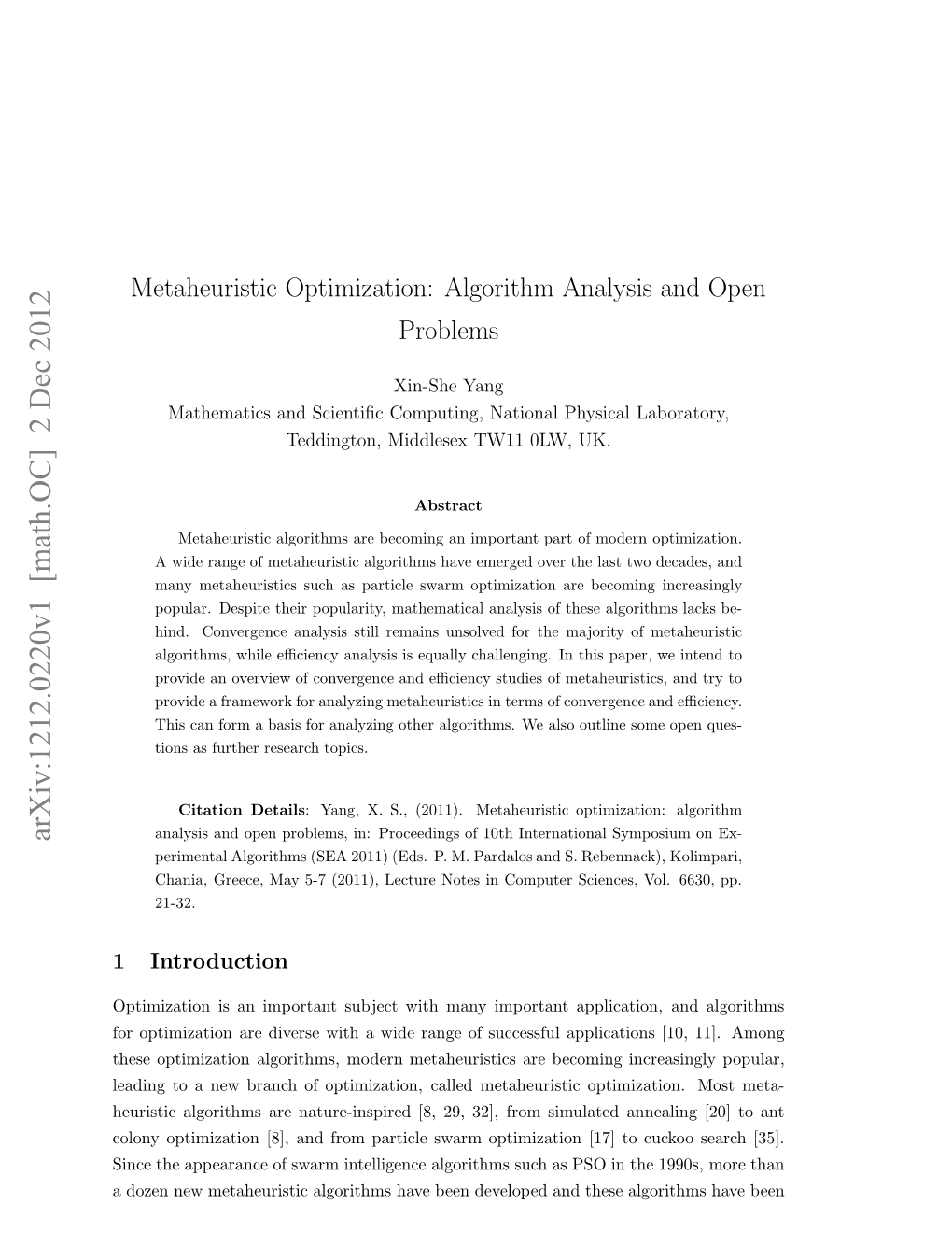 Metaheuristic Optimization: Algorithm Analysis and Open Problems