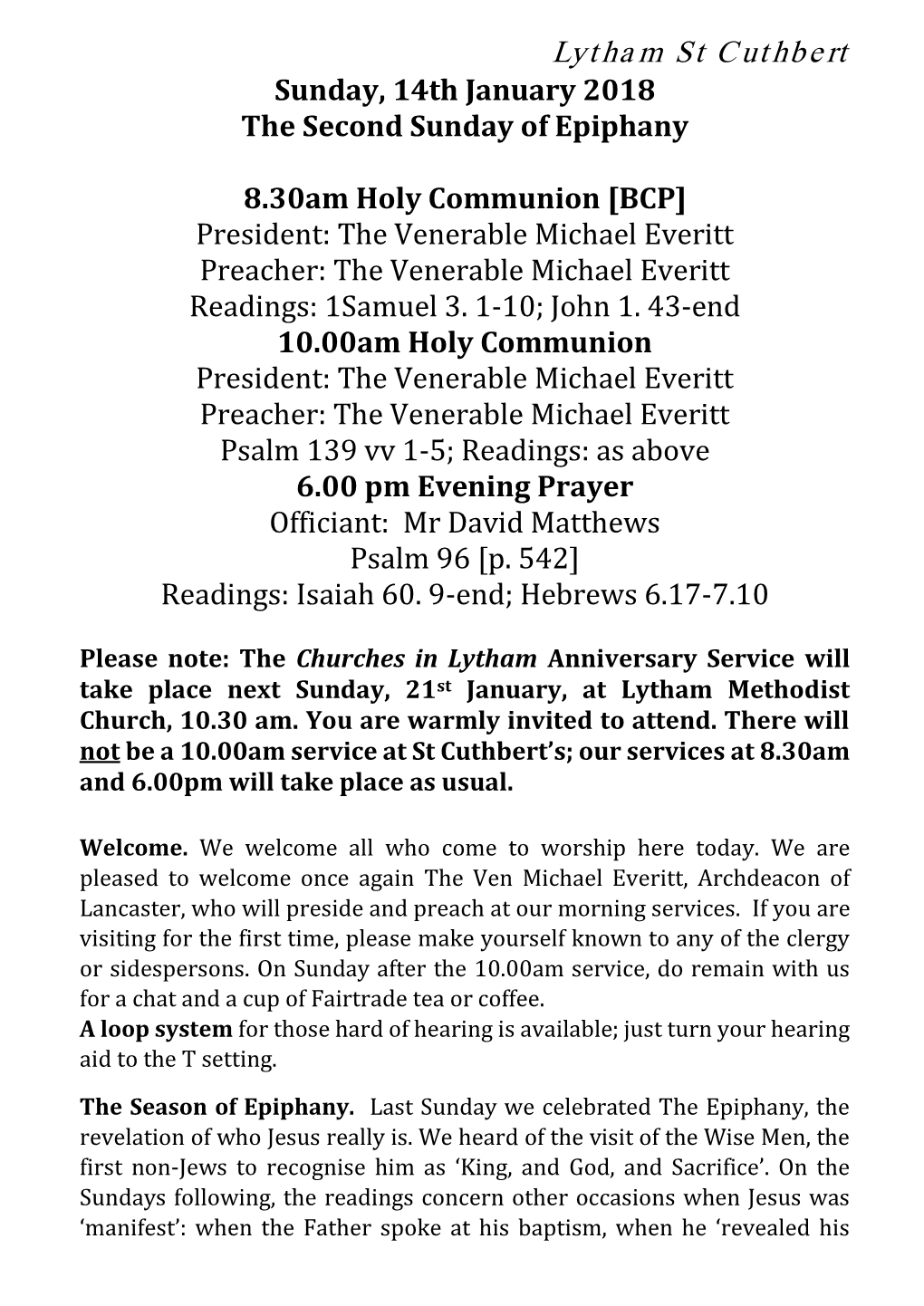 Lytham St Cuthbert Sunday, 14Th January 2018 the Second Sunday of Epiphany