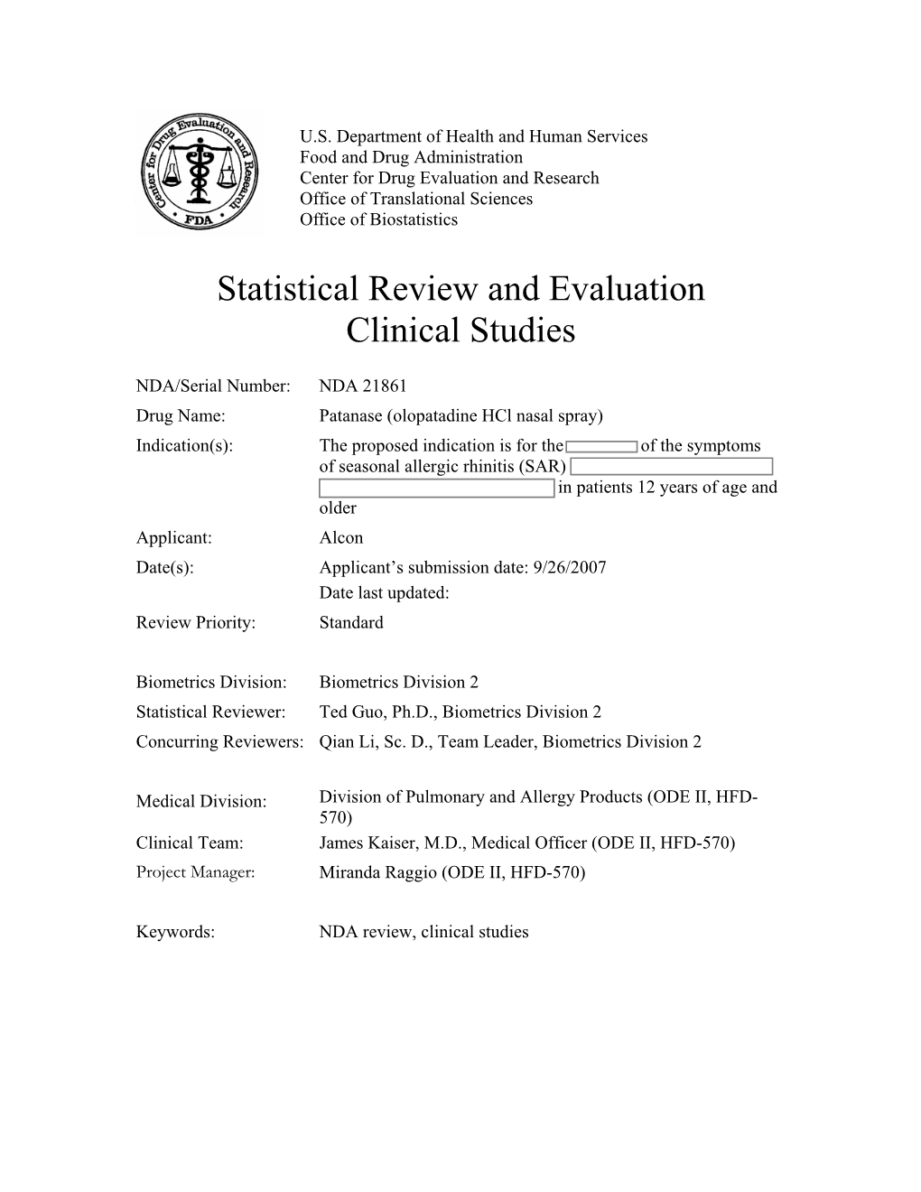 Statistical Review and Evaluation Clinical Studies