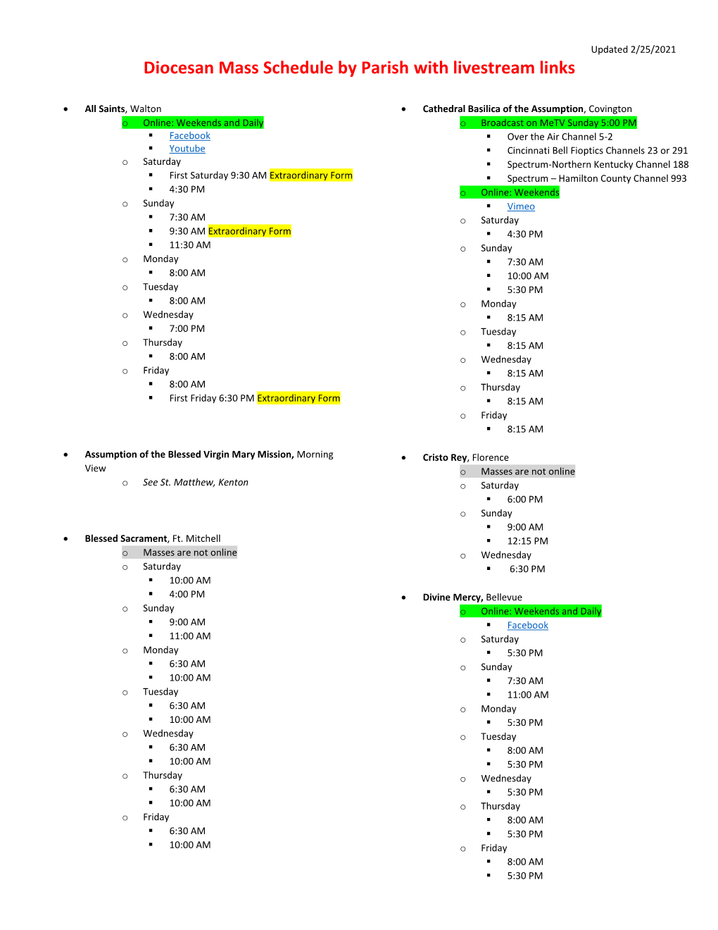 Diocesan Mass Schedule by Parish with Livestream Links