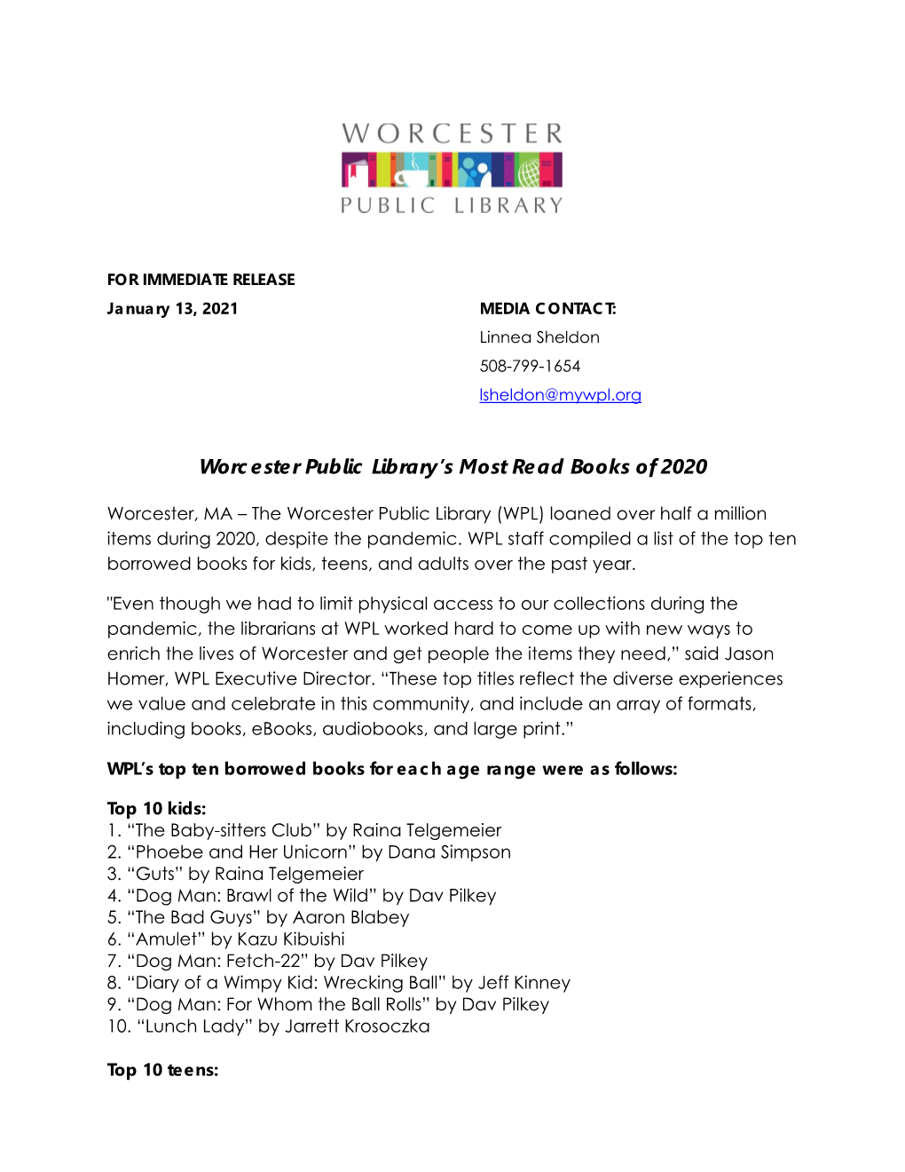 Worcester Public Library's Most Read Books of 2020