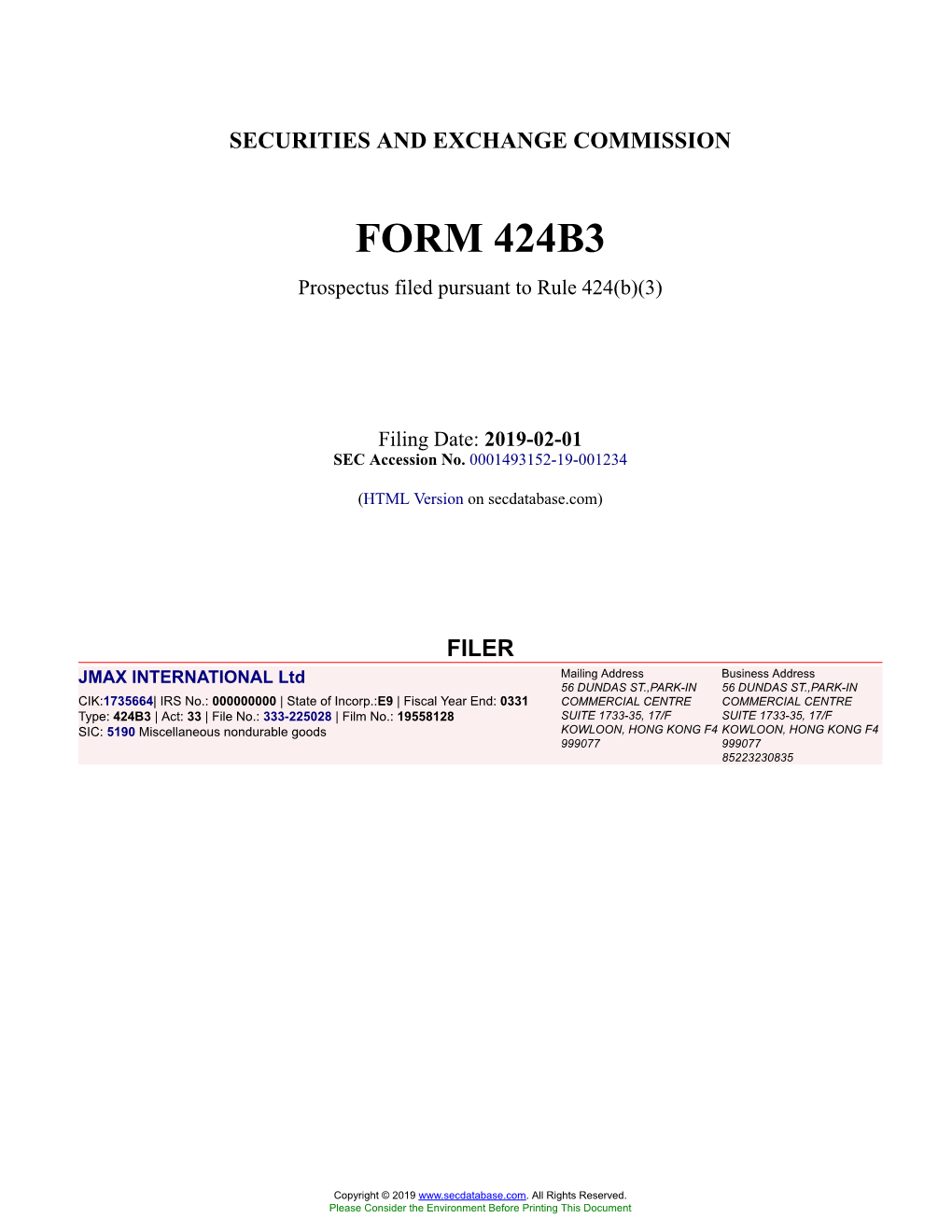 JMAX INTERNATIONAL Ltd Form 424B3 Filed 2019-02-01