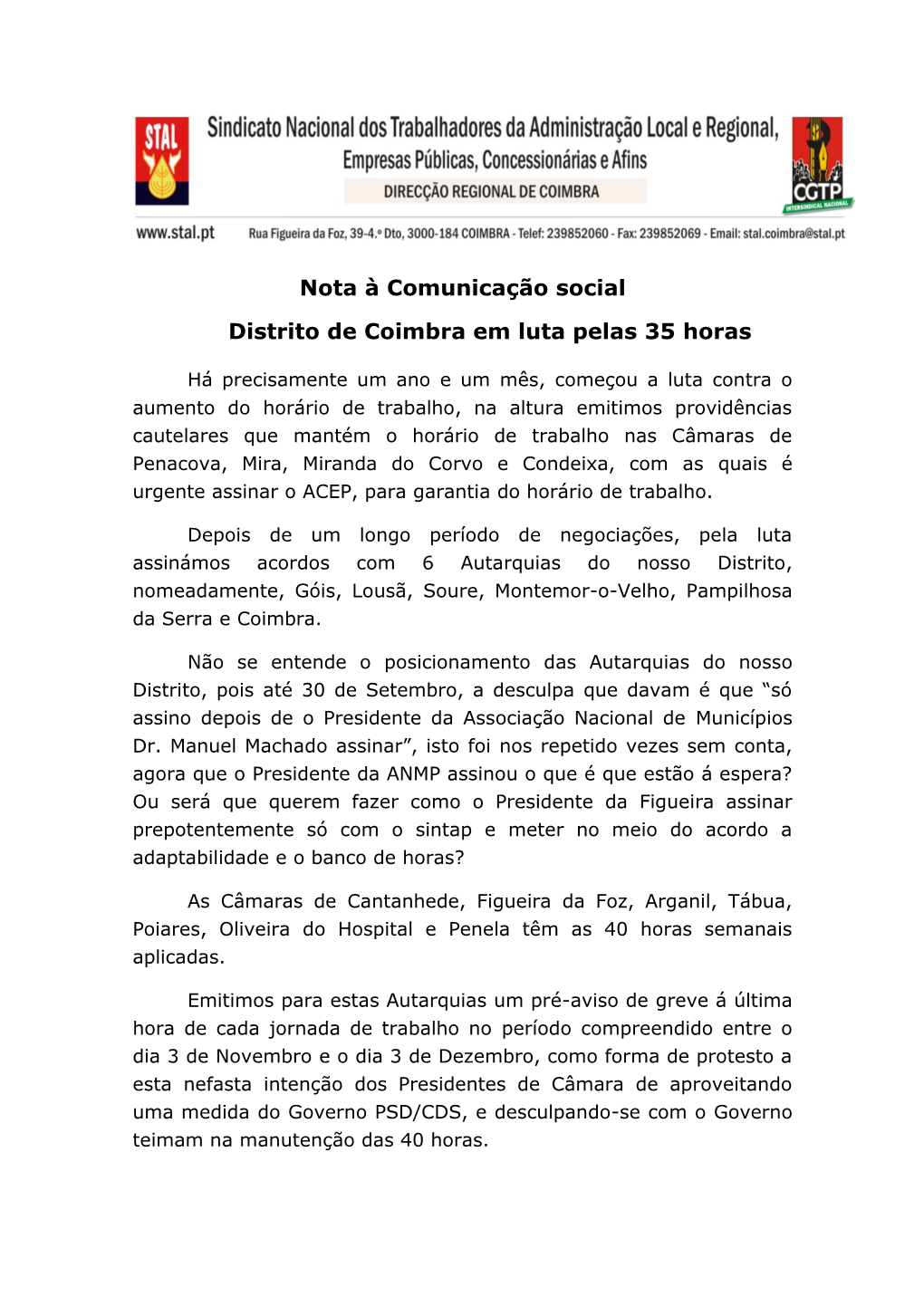Nota À Comunicação Social Distrito De Coimbra Em Luta Pelas 35 Horas