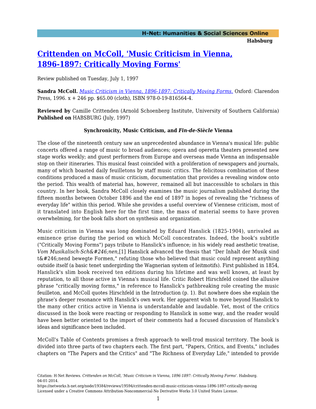 Music Criticism in Vienna, 1896-1897: Critically Moving Forms'