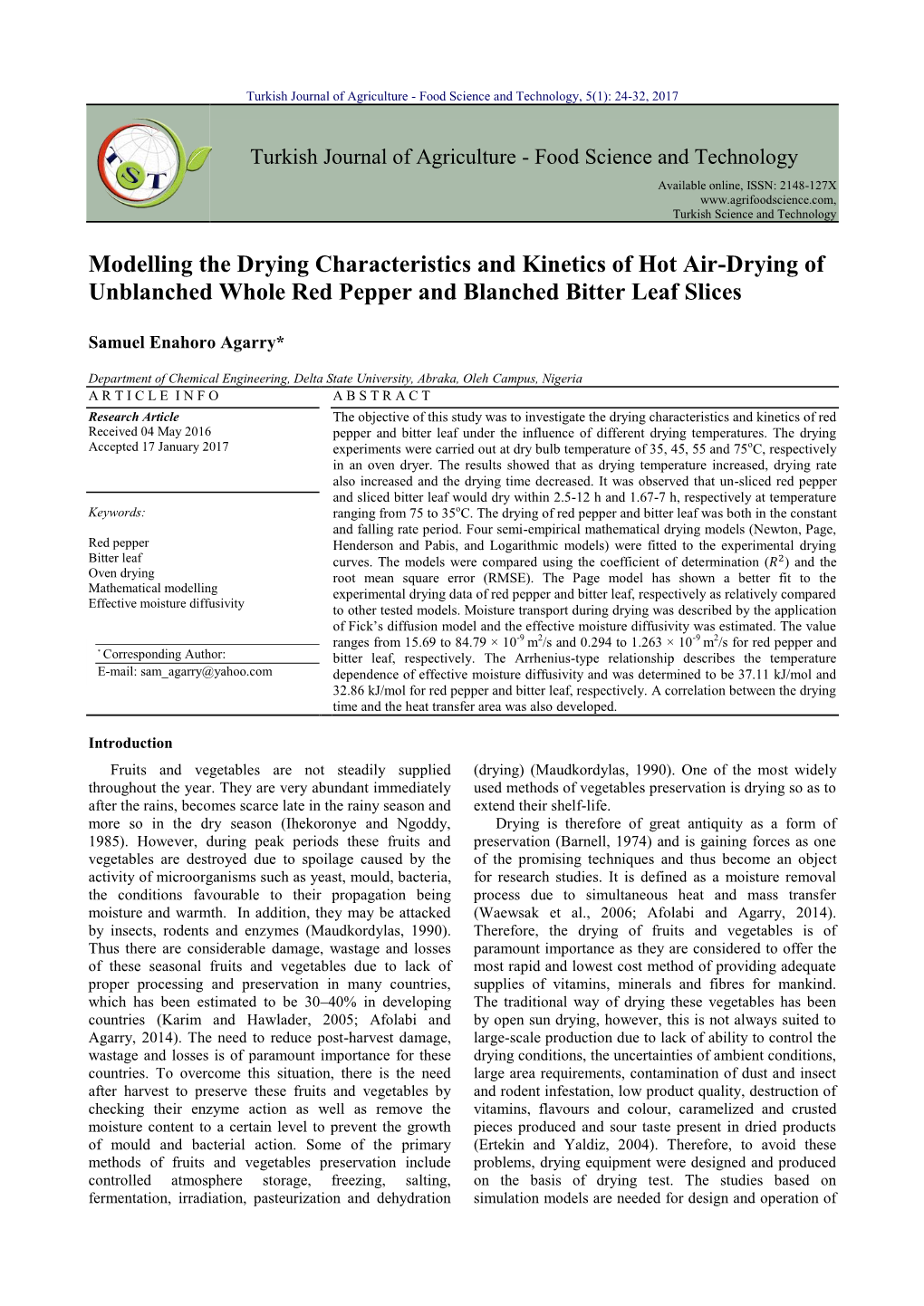 Modelling the Drying Characteristics and Kinetics of Hot Air-Drying of Unblanched Whole Red Pepper and Blanched Bitter Leaf Slices