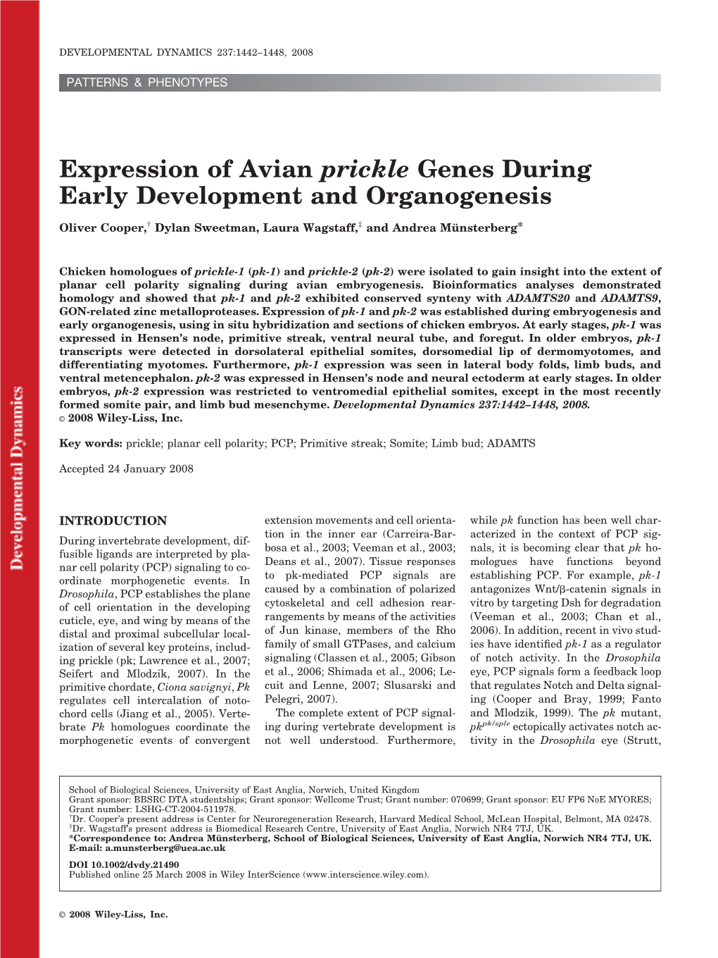 Expression of Avian Prickle Genes During Early Development and Organogenesis