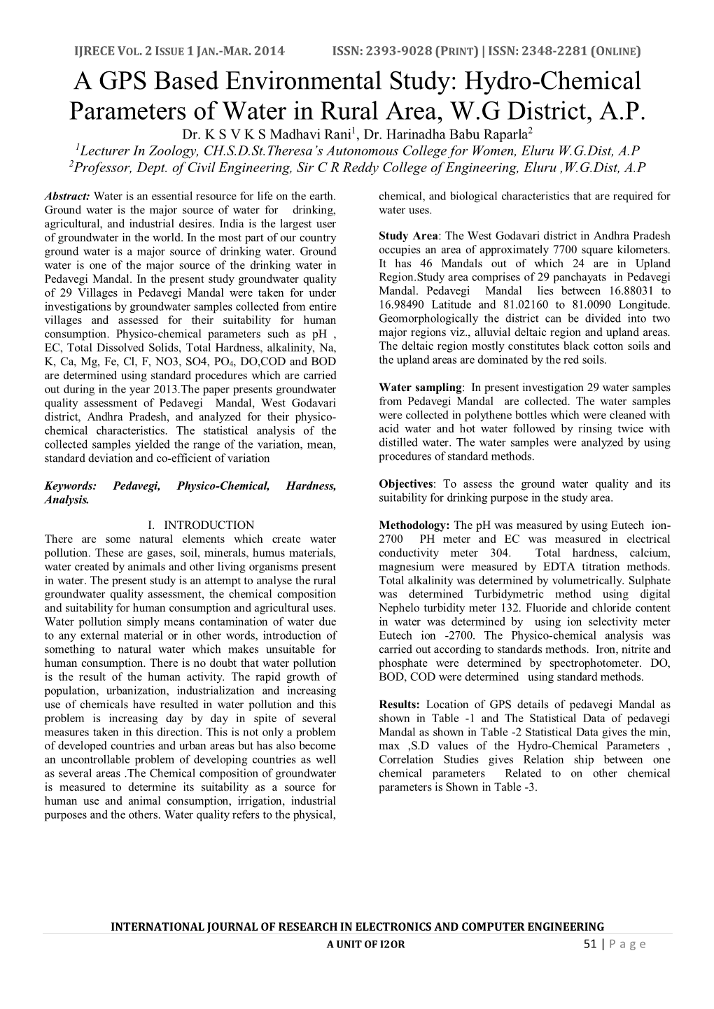 Hydro-Chemical Parameters of Water in Rural Area, WG