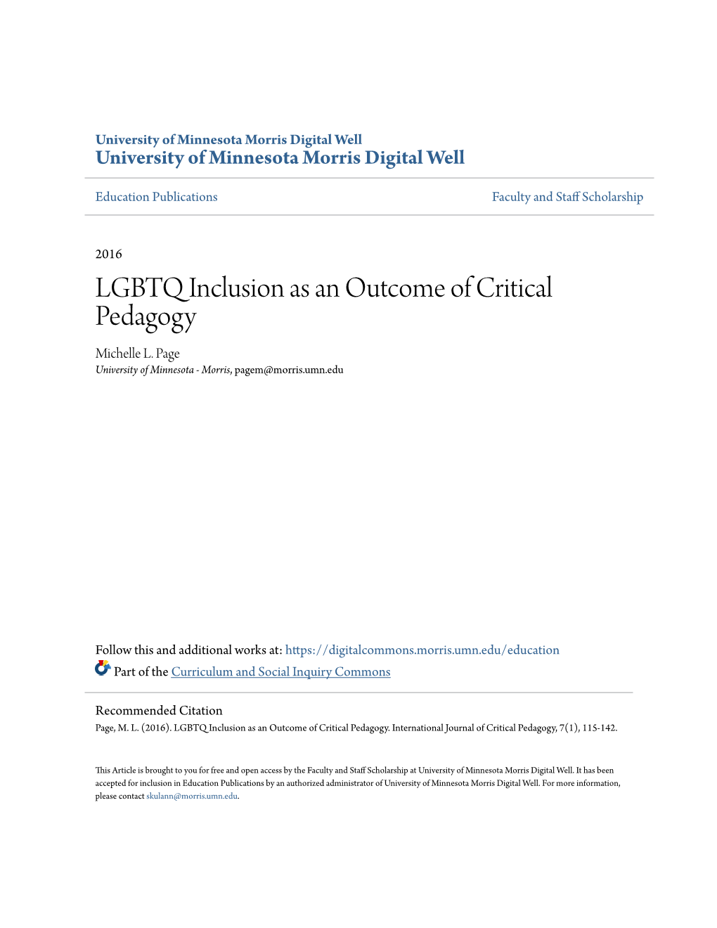 LGBTQ Inclusion As an Outcome of Critical Pedagogy Michelle L