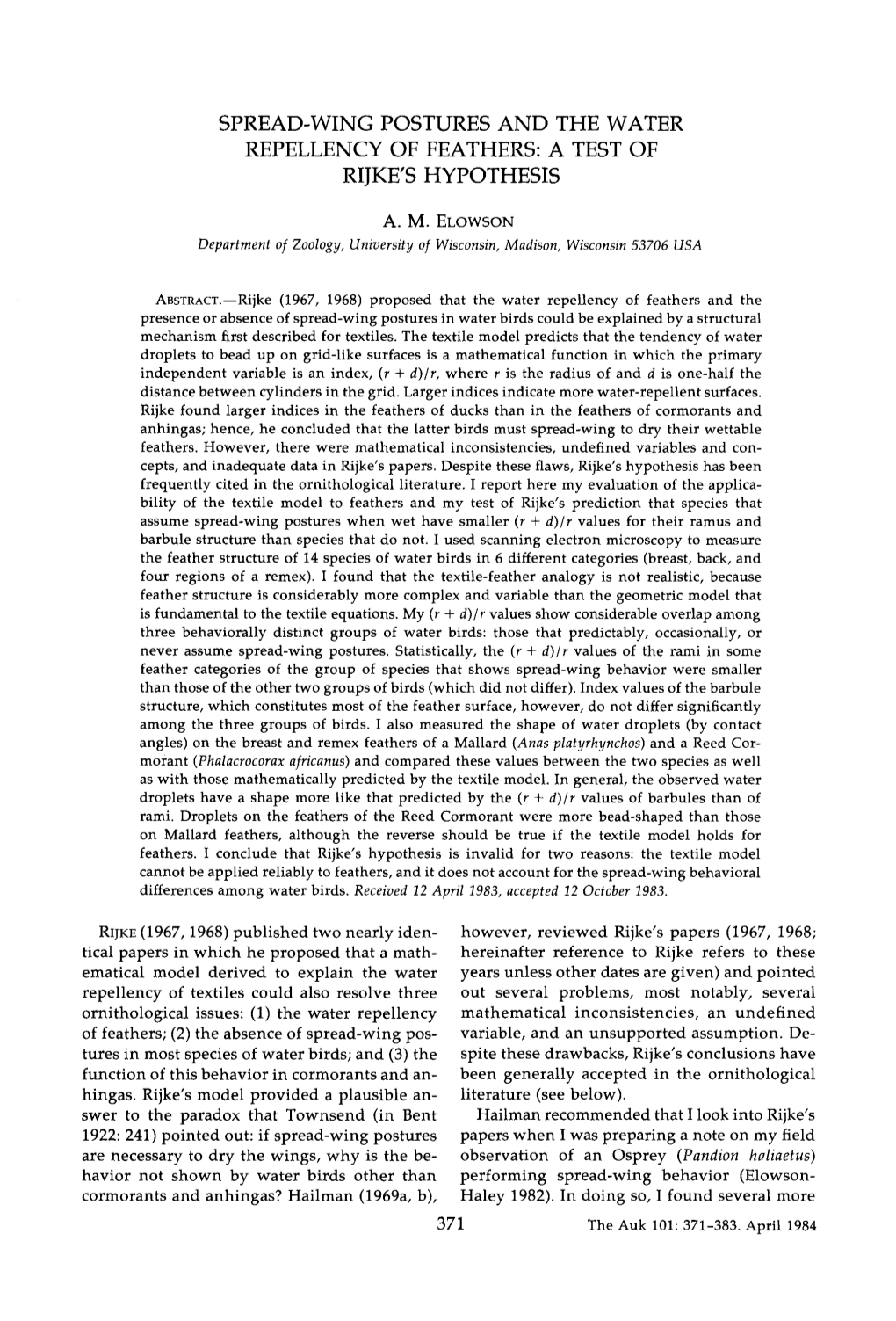 Spread-Wing Postures and the Water Repellency of Feathers: a Test of Rijke's Hypothesis