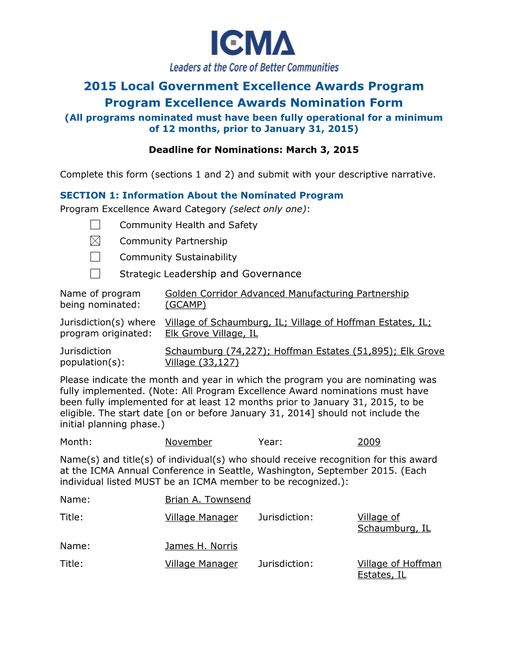 2015 Local Government Excellence Awards Program Program