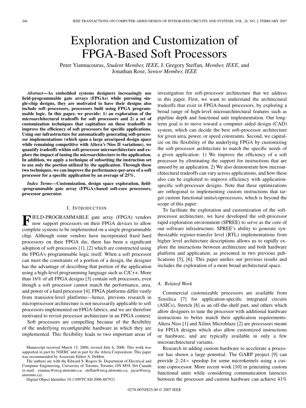 Exploration and Customization of FPGA-Based Soft Processors Peter Yiannacouras, Student Member, IEEE, J