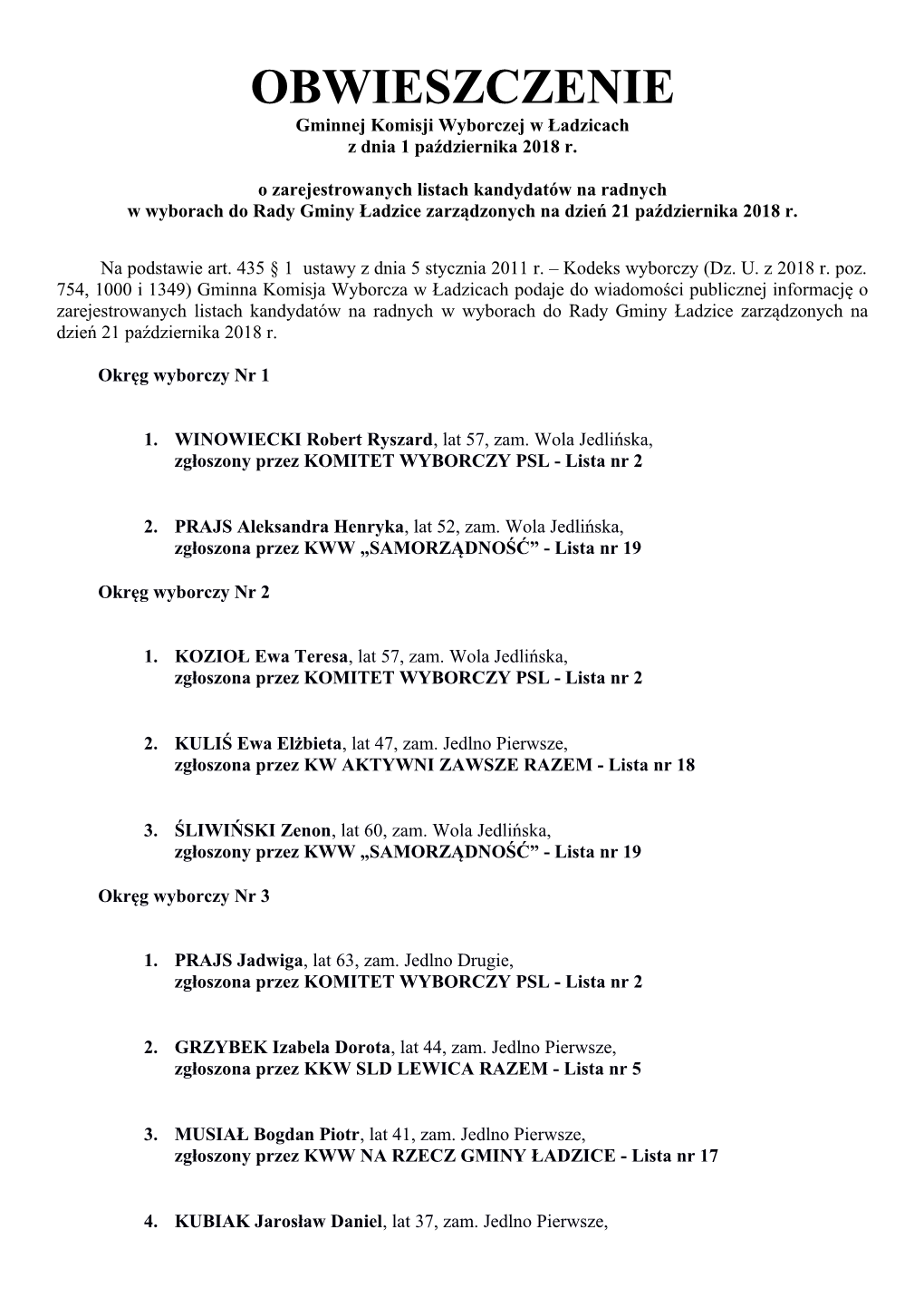 OBWIESZCZENIE Gminnej Komisji Wyborczej W Ładzicach Z Dnia 1 Października 2018 R