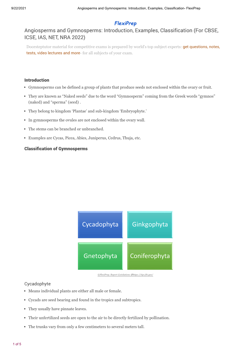 Angiosperms and Gymnosperms: Introduction, Examples, Classification- Flexiprep