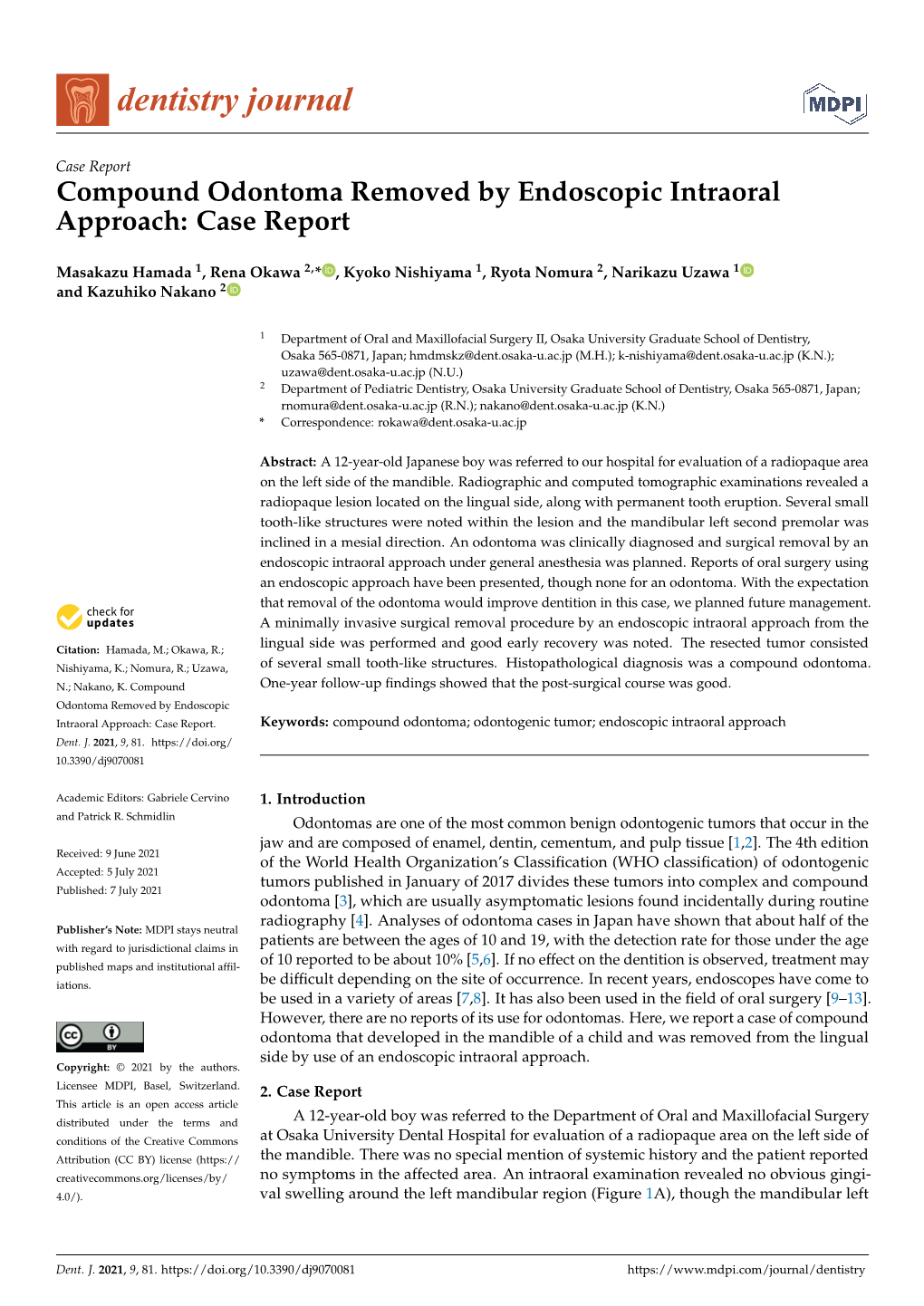 Compound Odontoma Removed by Endoscopic Intraoral Approach: Case Report