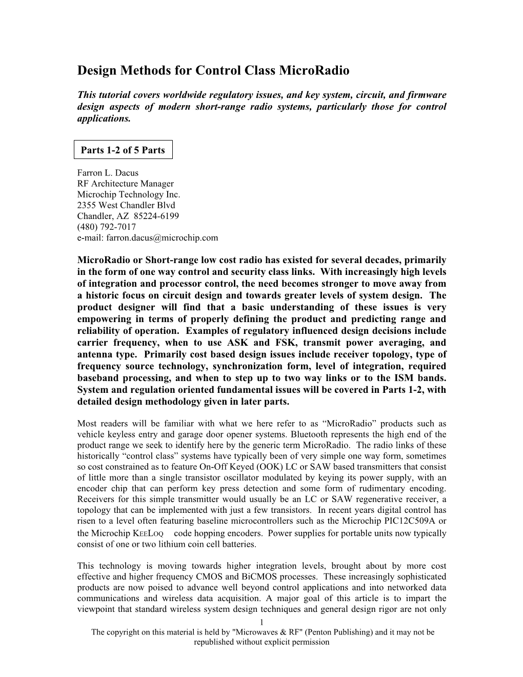 Design Methods for Control Class Microradio