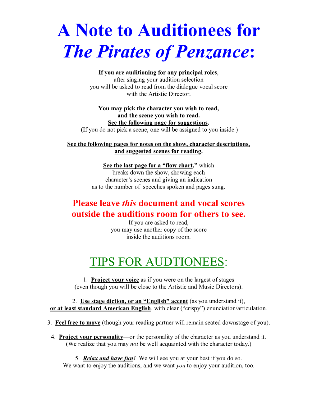 A Note to Auditionees for the Pirates of Penzance