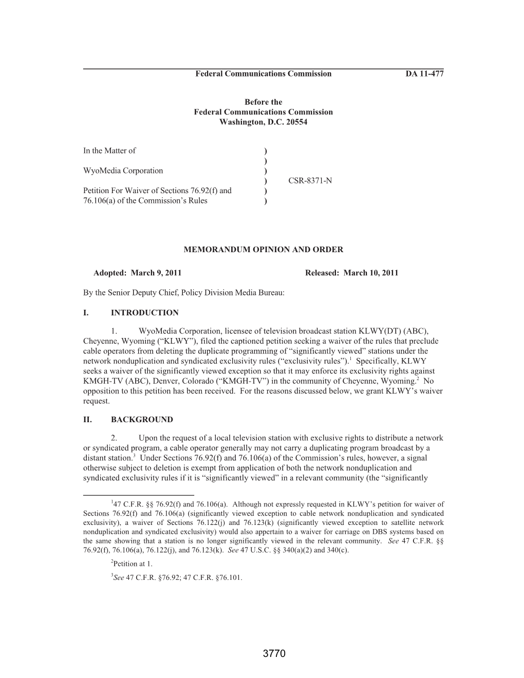 Federal Communications Commission DA 11-477 Before the Federal