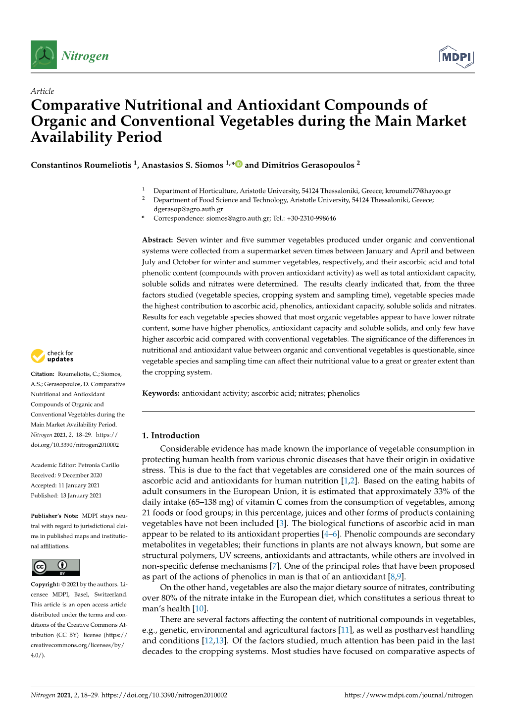 Comparative Nutritional and Antioxidant Compounds of Organic and Conventional Vegetables During the Main Market Availability Period