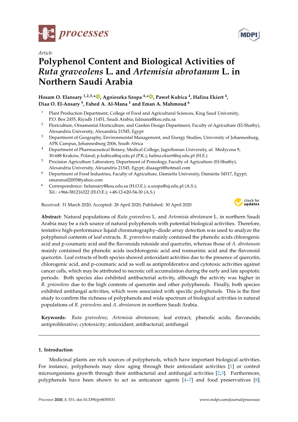 Polyphenol Content and Biological Activities of Ruta Graveolens L. and Artemisia Abrotanum L