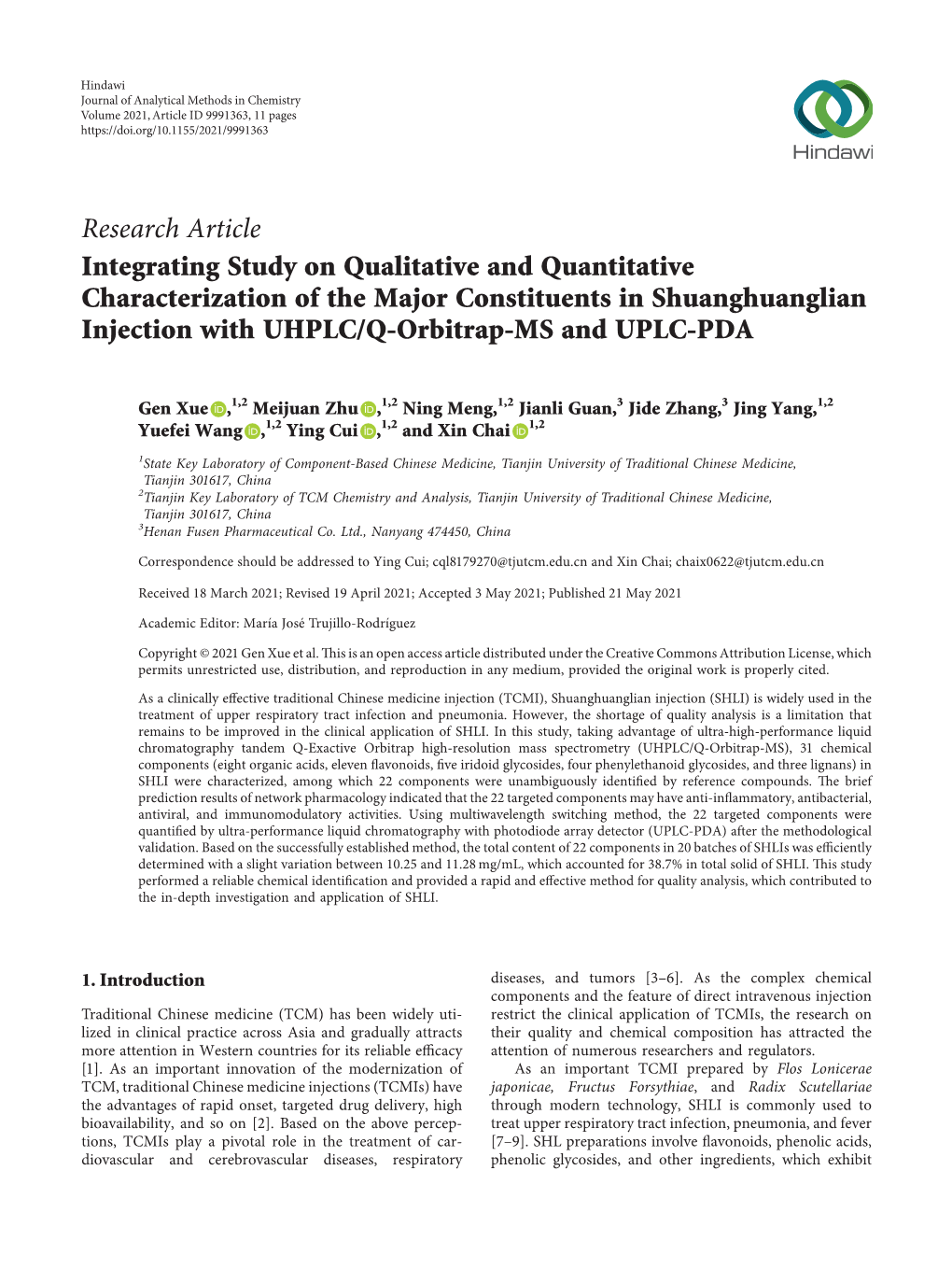 Integrating Study on Qualitative and Quantitative Characterization of the Major Constituents in Shuanghuanglian Injection with UHPLC/Q-Orbitrap-MS and UPLC-PDA