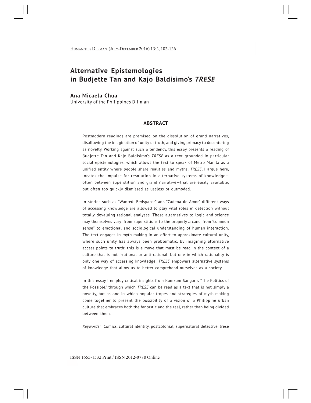 Alternative Epistemologies in Budjette Tan and Kajo Baldisimo's TRESE